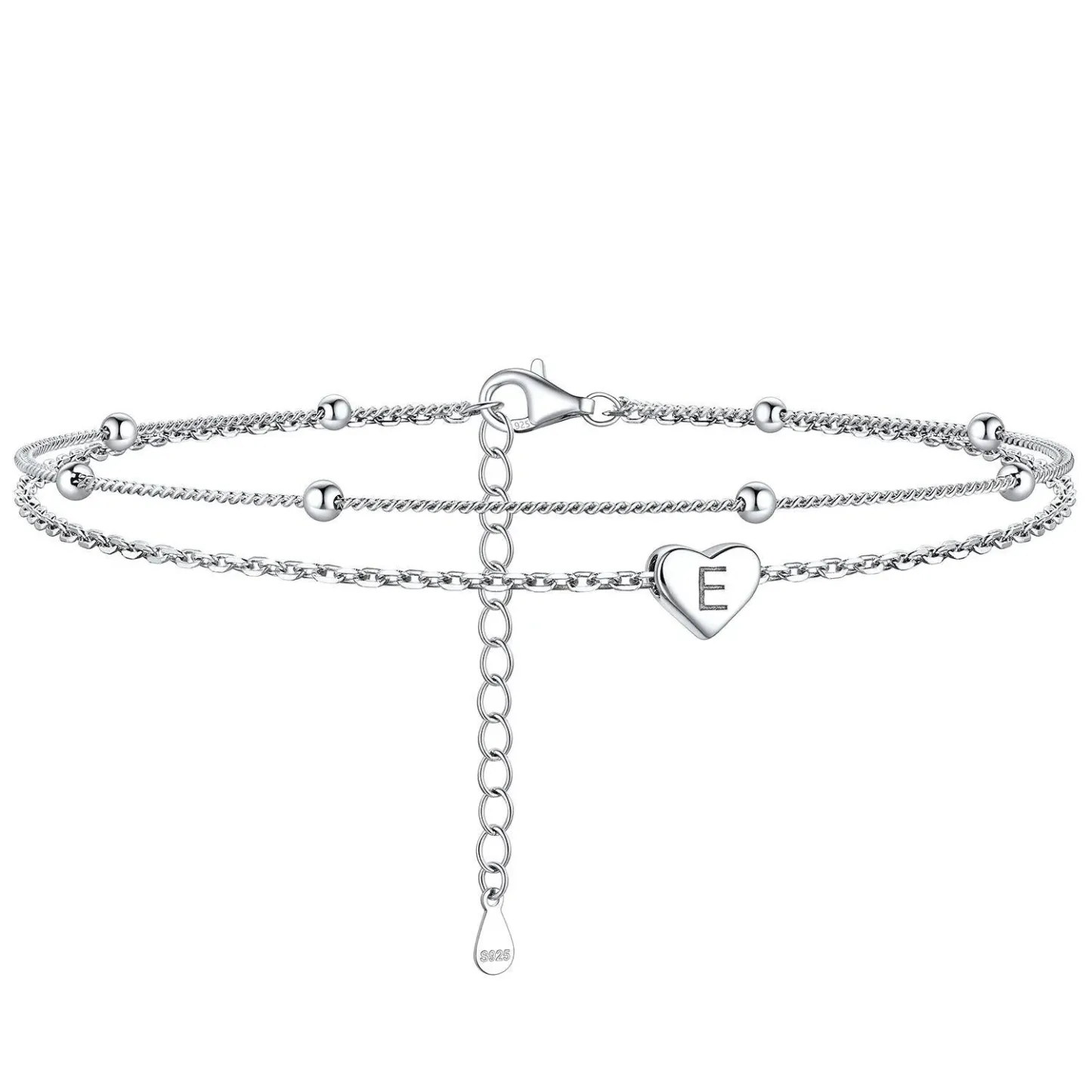 Bracelet de Cheville Personnalisé Cœur Initiale en Argent 925 E