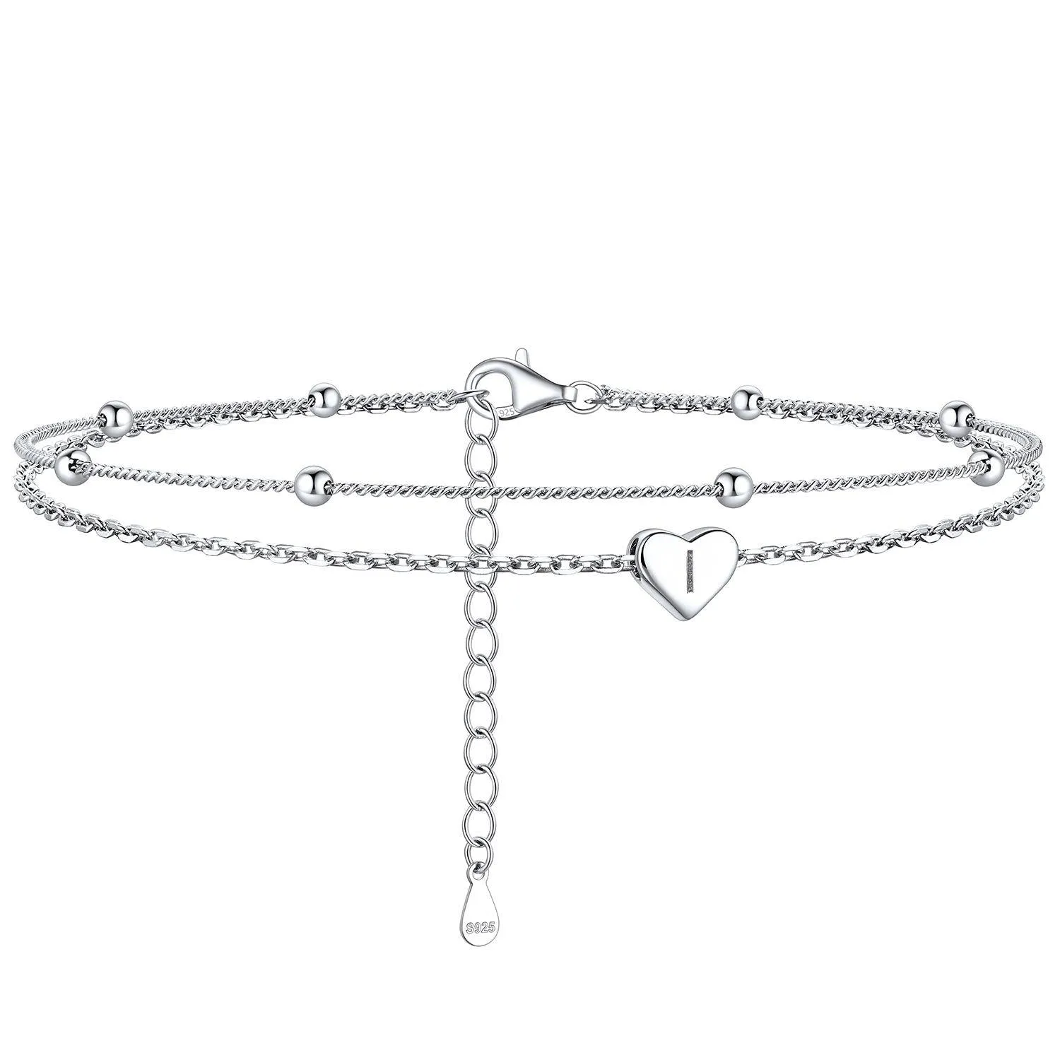 Bracelet de Cheville Personnalisé Cœur Initiale en Argent 925 I