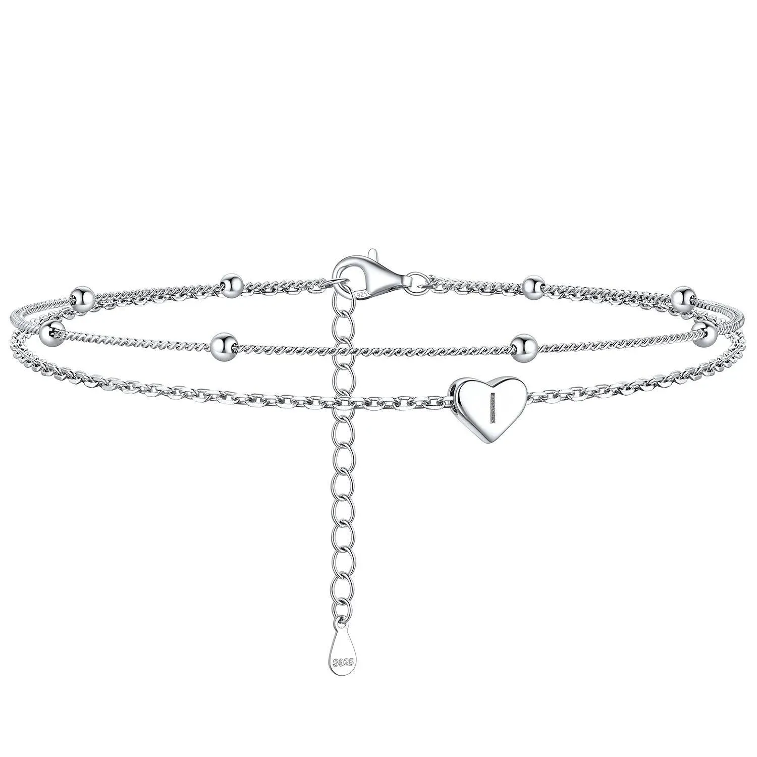 Bracelet de Cheville Personnalisé Cœur Initiale en Argent 925 I