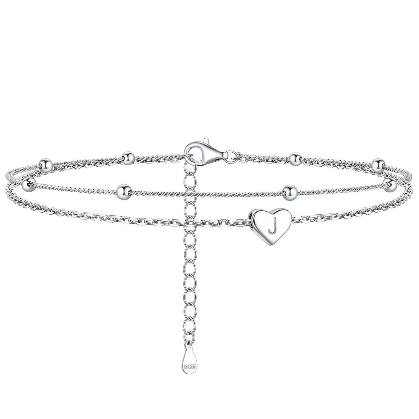 Bracelet de Cheville Personnalisé Cœur Initiale en Argent 925 J