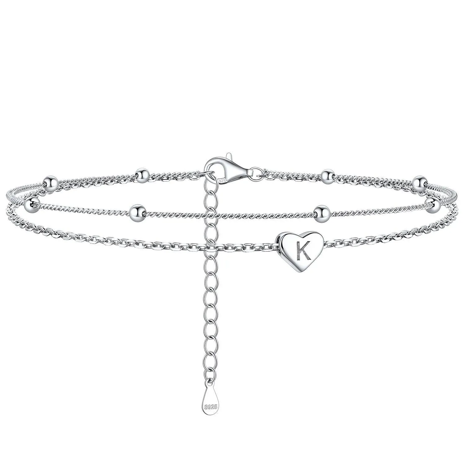 Bracelet de Cheville Personnalisé Cœur Initiale en Argent 925 K