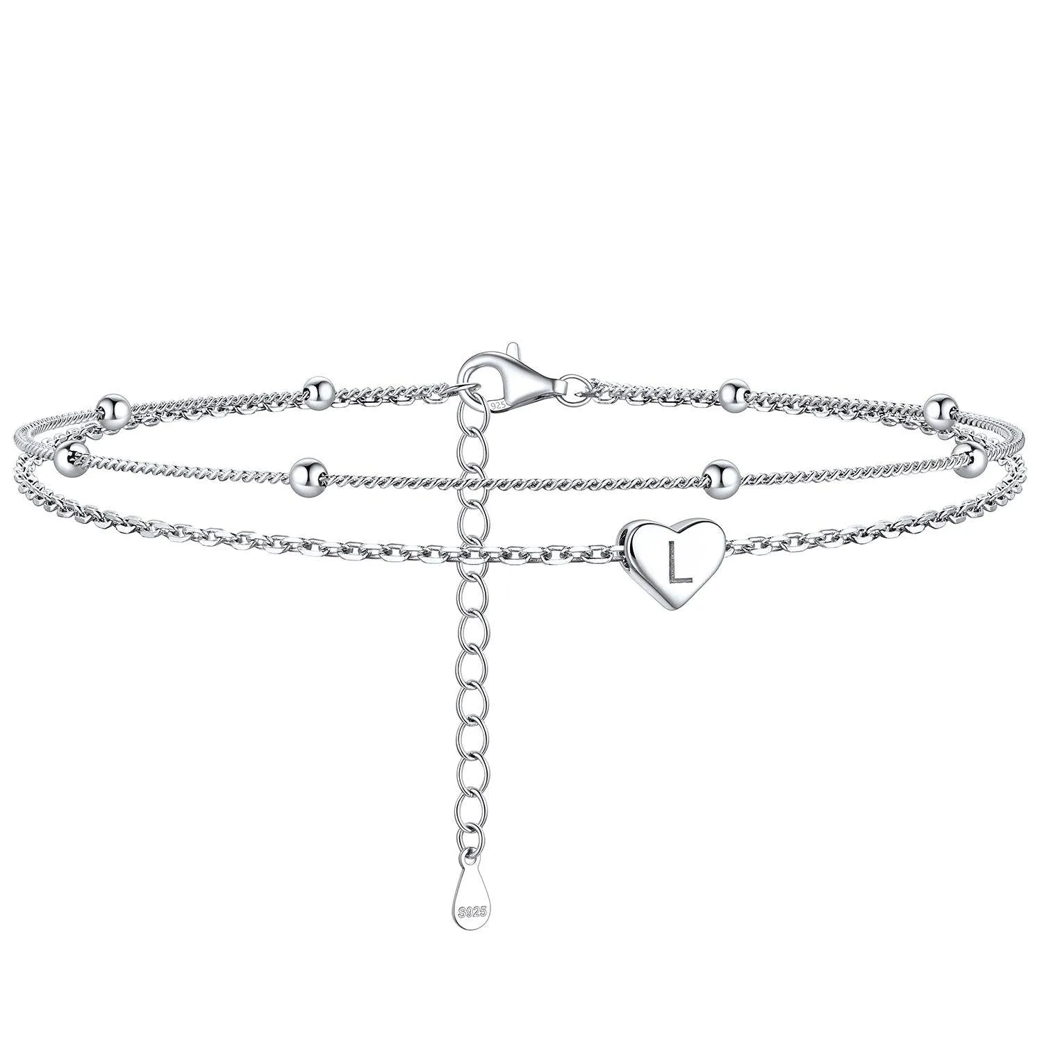 Bracelet de Cheville Personnalisé Cœur Initiale en Argent 925 L