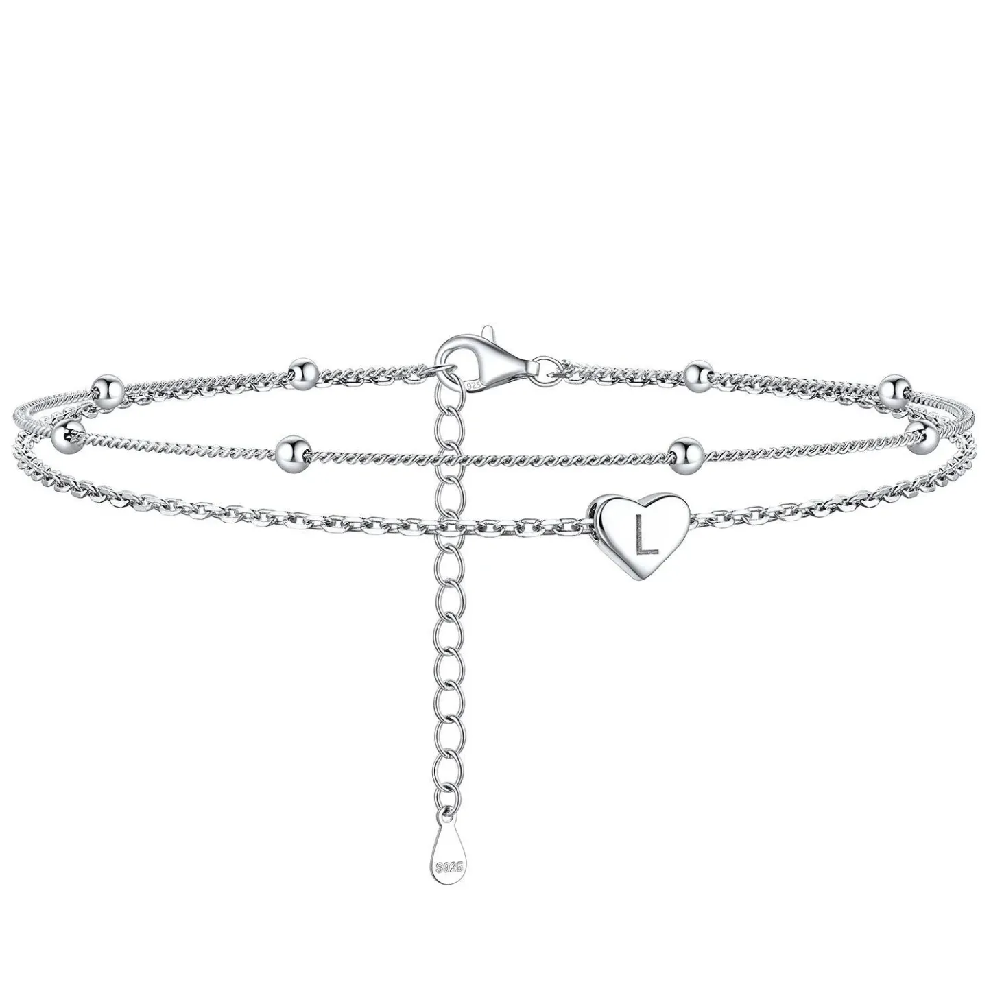 Bracelet de Cheville Personnalisé Cœur Initiale en Argent 925 L