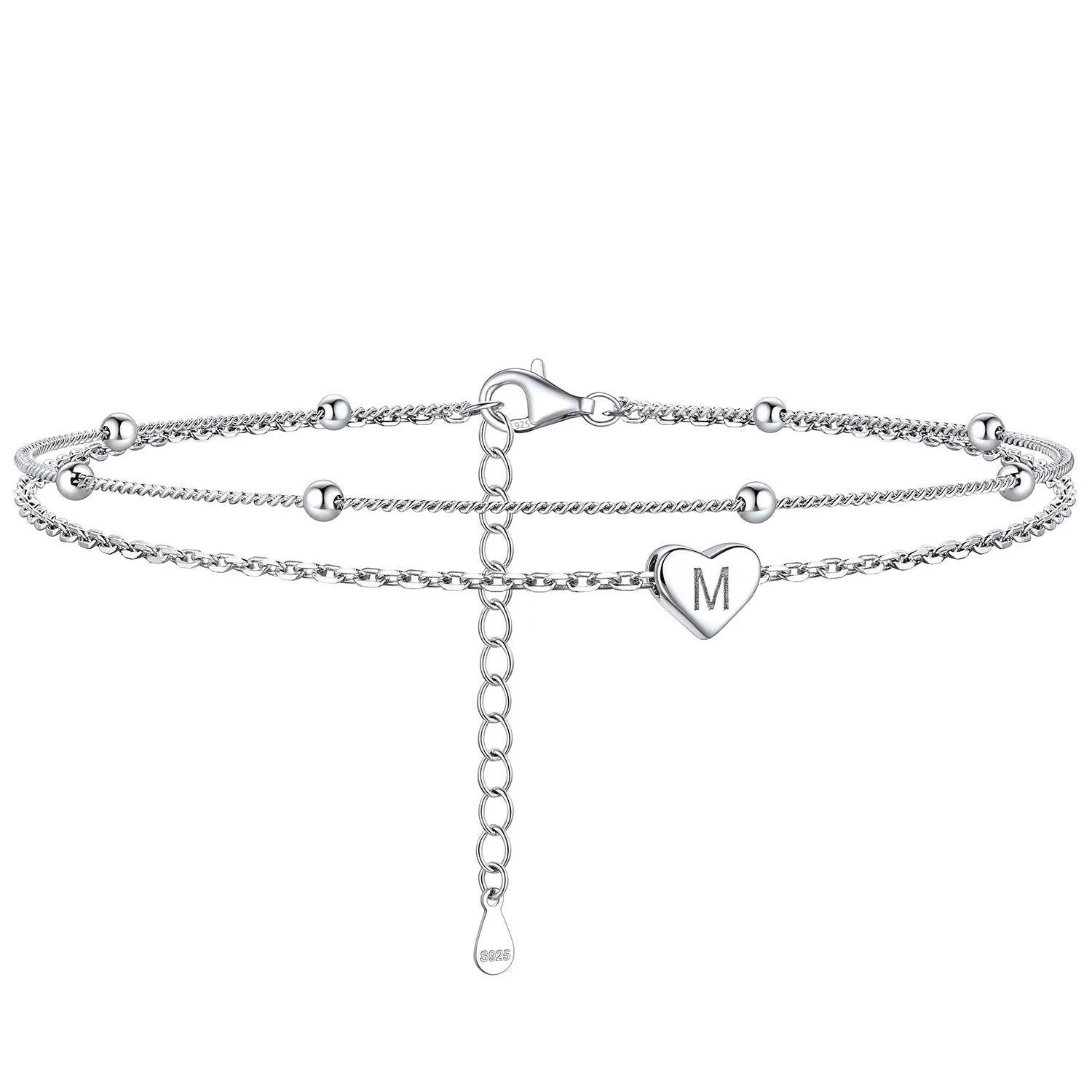 Bracelet de Cheville Personnalisé Cœur Initiale en Argent 925 M