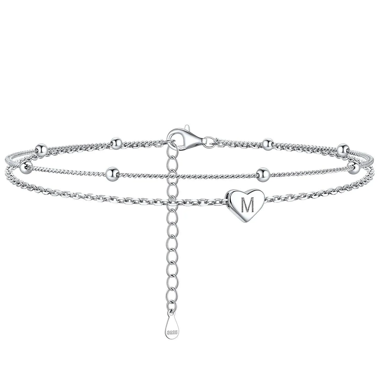 Bracelet de Cheville Personnalisé Cœur Initiale en Argent 925 M