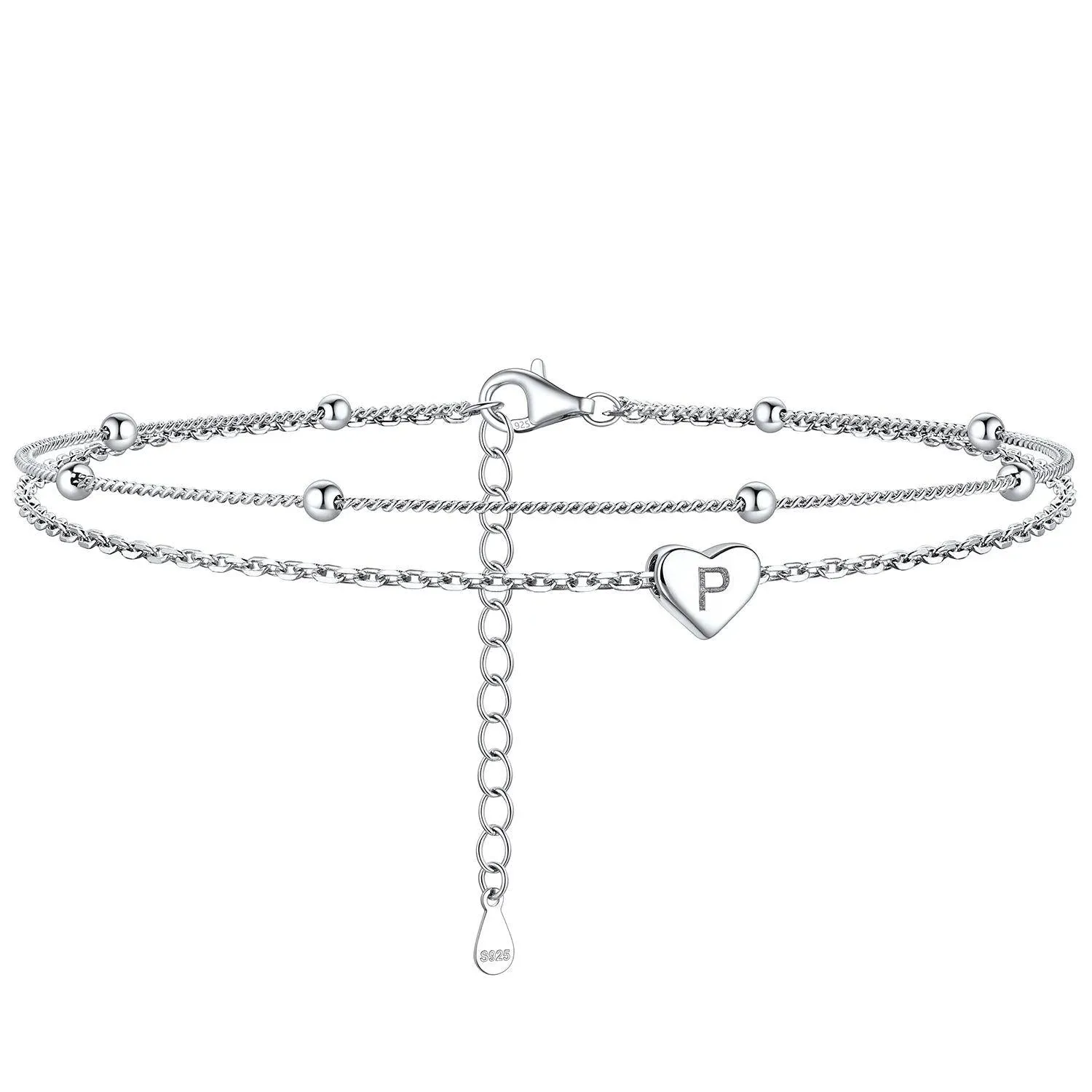 Bracelet de Cheville Personnalisé Cœur Initiale en Argent 925 P