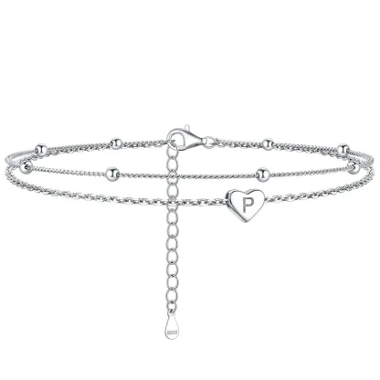 Bracelet de Cheville Personnalisé Cœur Initiale en Argent 925 P