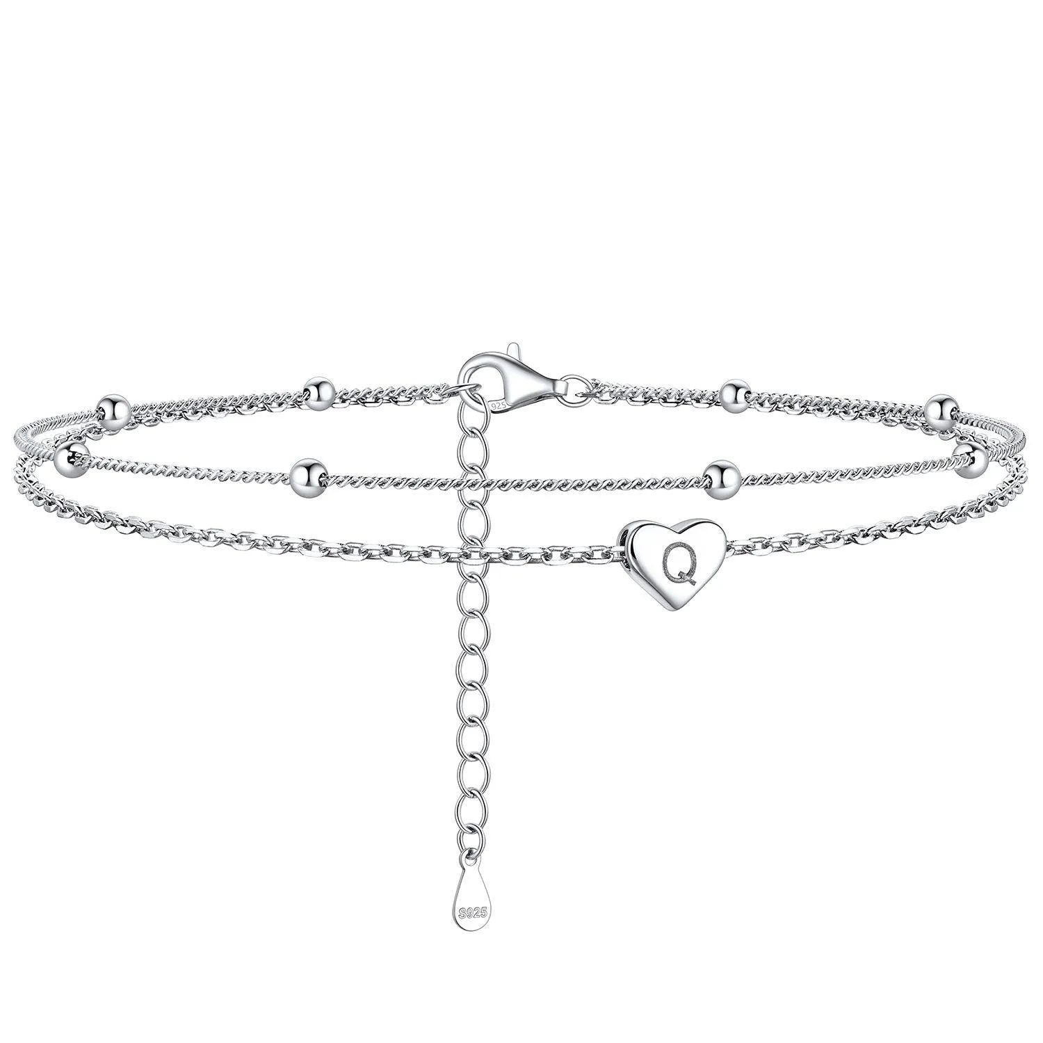 Bracelet de Cheville Personnalisé Cœur Initiale en Argent 925 Q