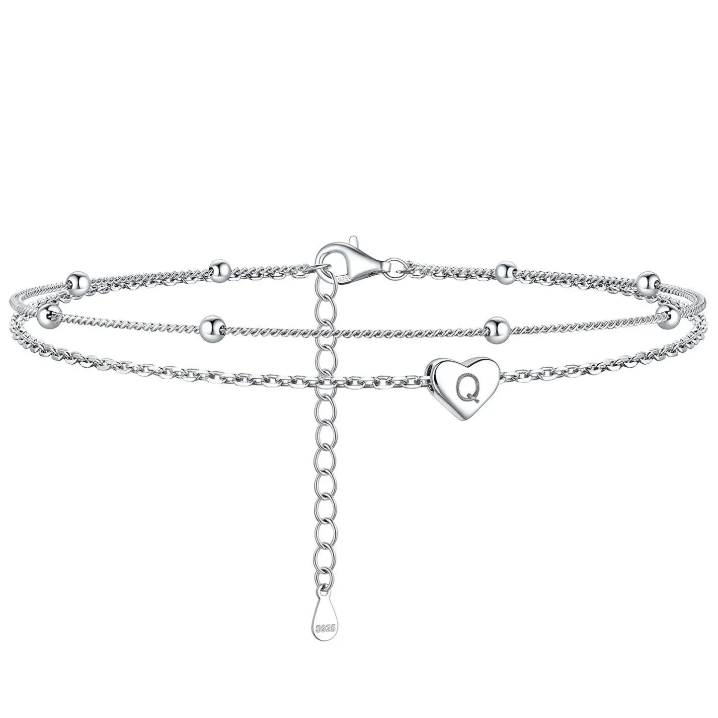 Bracelet de Cheville Personnalisé Cœur Initiale en Argent 925 Q