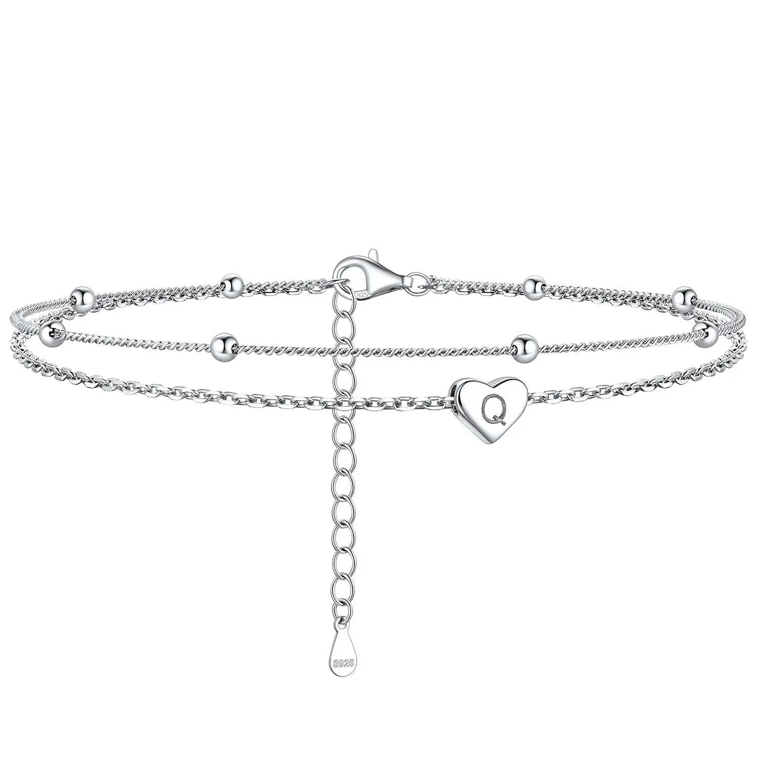 Bracelet de Cheville Personnalisé Cœur Initiale en Argent 925 Q