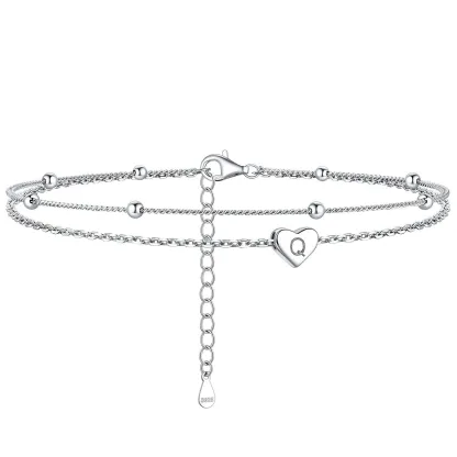 Bracelet de Cheville Personnalisé Cœur Initiale en Argent 925 Q