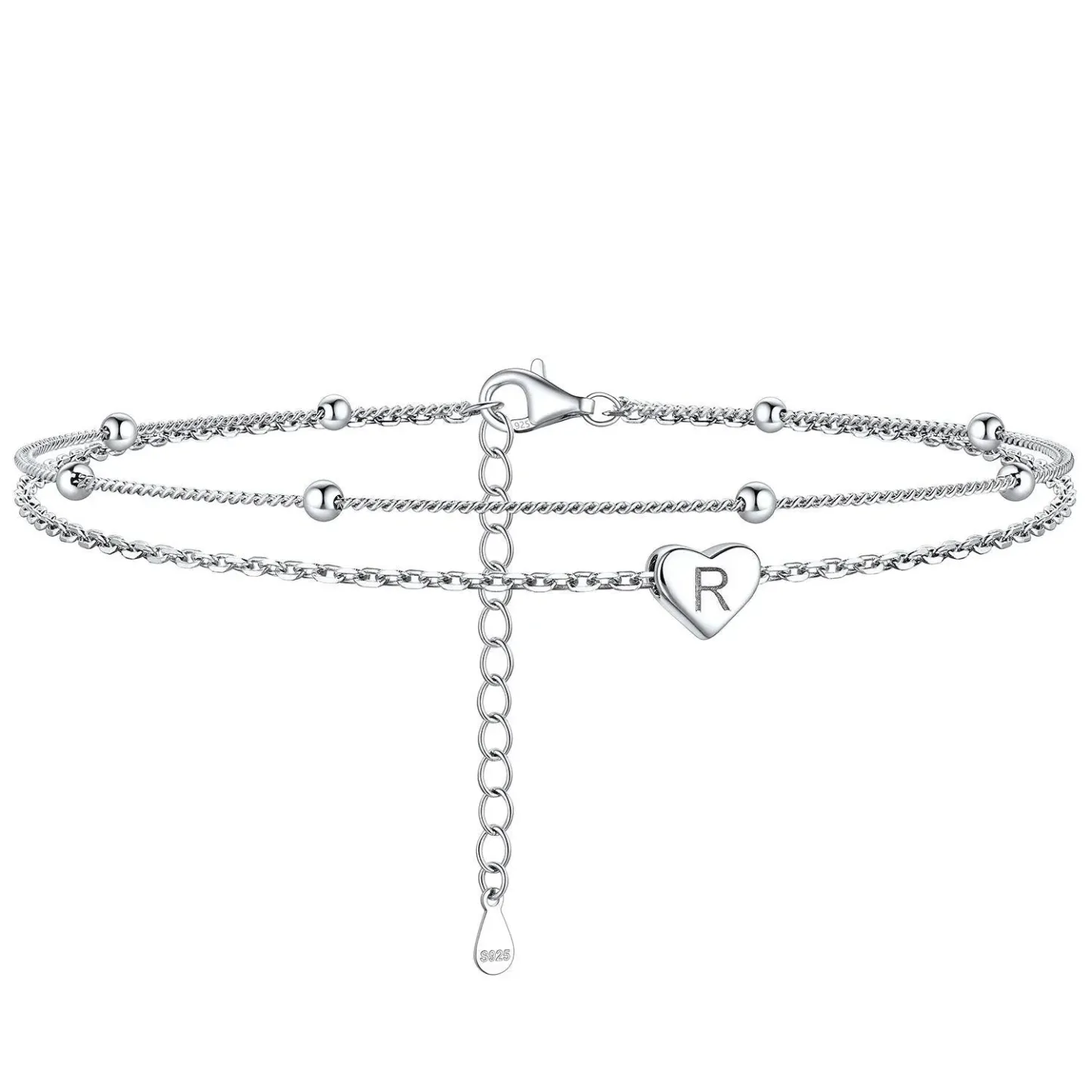 Bracelet de Cheville Personnalisé Cœur Initiale en Argent 925 R