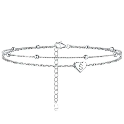 Bracelet de Cheville Personnalisé Cœur Initiale en Argent 925 S