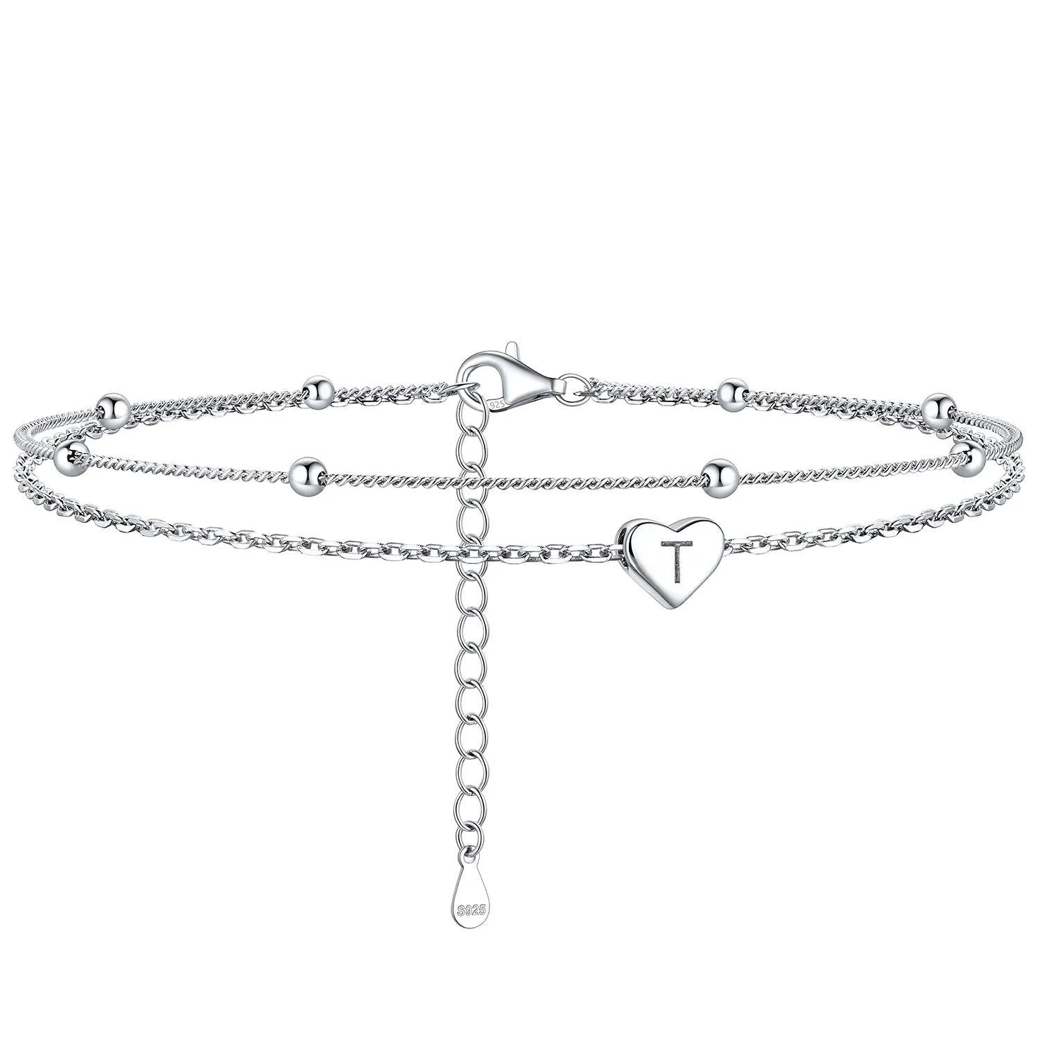 Bracelet de Cheville Personnalisé Cœur Initiale en Argent 925 T