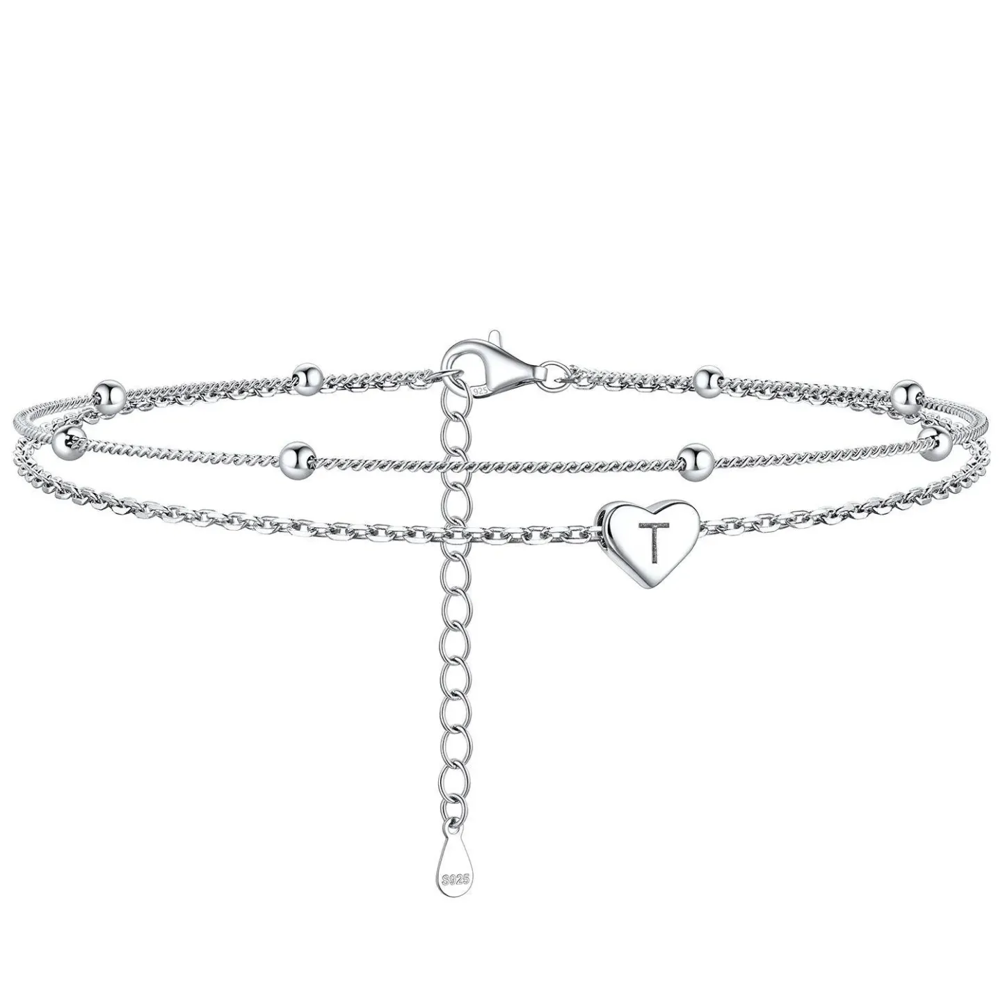 Bracelet de Cheville Personnalisé Cœur Initiale en Argent 925 T