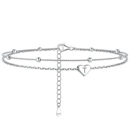 Bracelet de Cheville Personnalisé Cœur Initiale en Argent 925 T