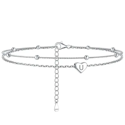 Bracelet de Cheville Personnalisé Cœur Initiale en Argent 925 U