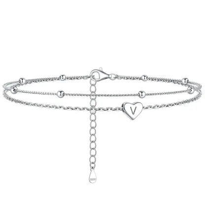 Bracelet de Cheville Personnalisé Cœur Initiale en Argent 925 V