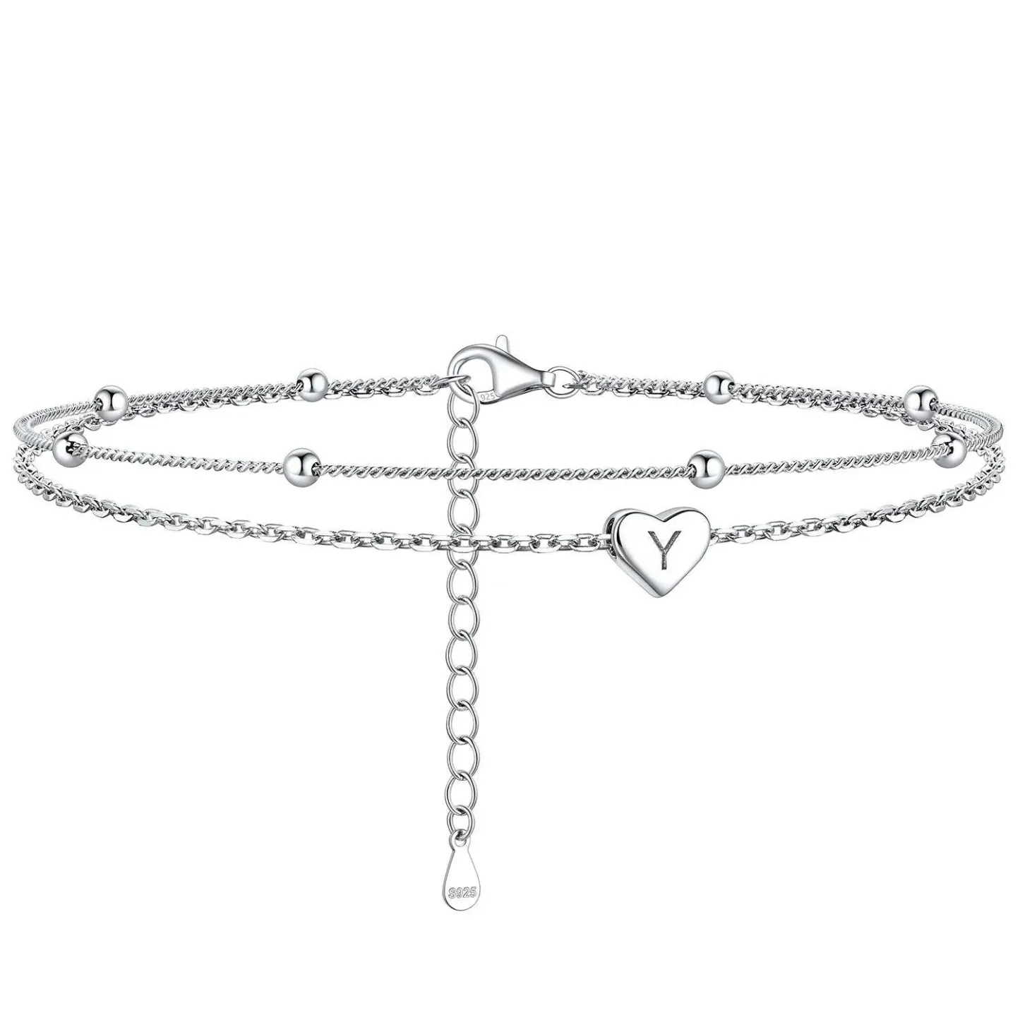 Bracelet de Cheville Personnalisé Cœur Initiale en Argent 925 Y