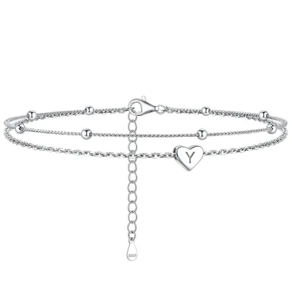 Bracelet de Cheville Personnalisé Cœur Initiale en Argent 925 Y