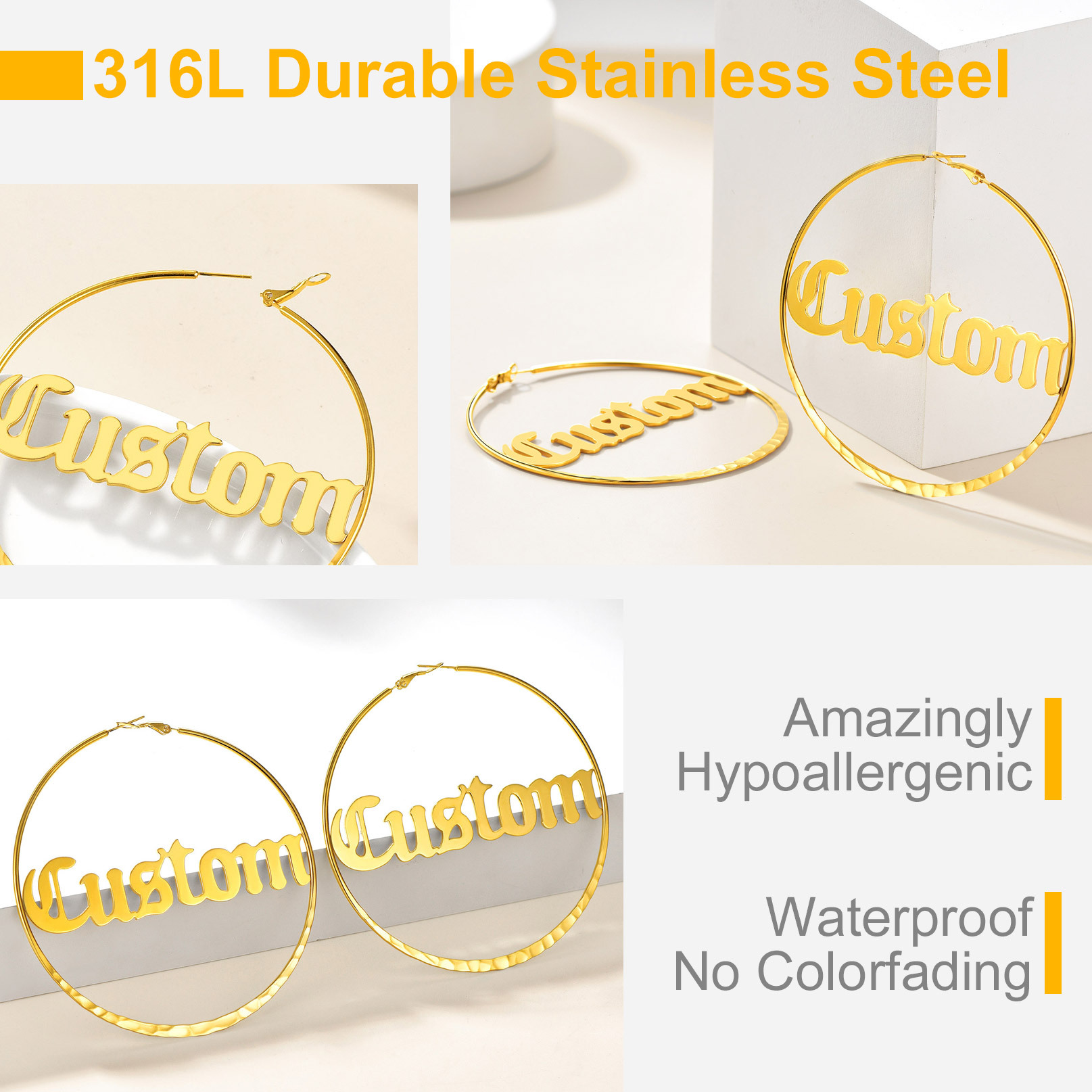 Créoles Rondes Personnalisées avec Double Nom pour Femmes 30/40/60/80mm