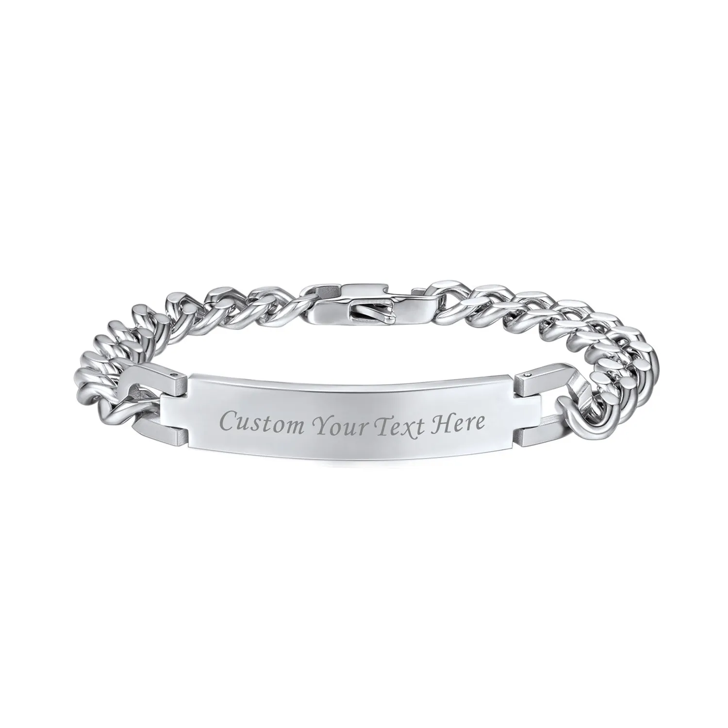 Bracelet Personnalisé en Acier Inoxydable Maille Cubaine Argenté