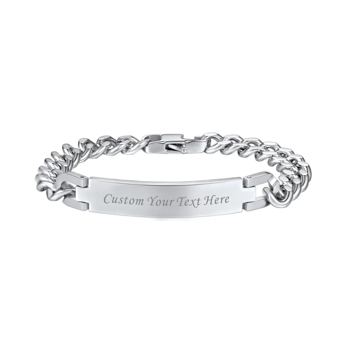 Bracelet Personnalisé en Acier Inoxydable Maille Cubaine Argenté