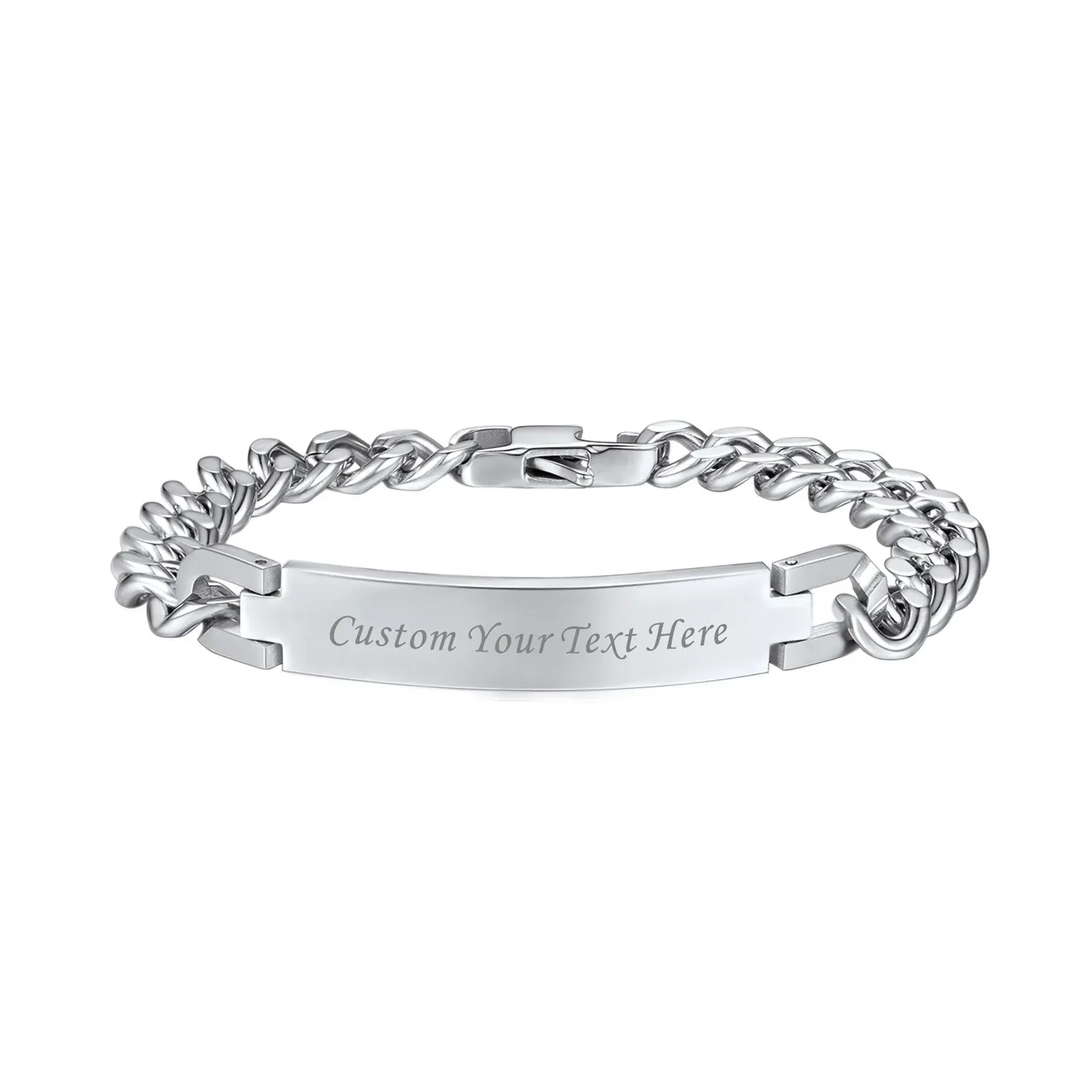 Bracelet Personnalisé en Acier Inoxydable Maille Cubaine Argenté