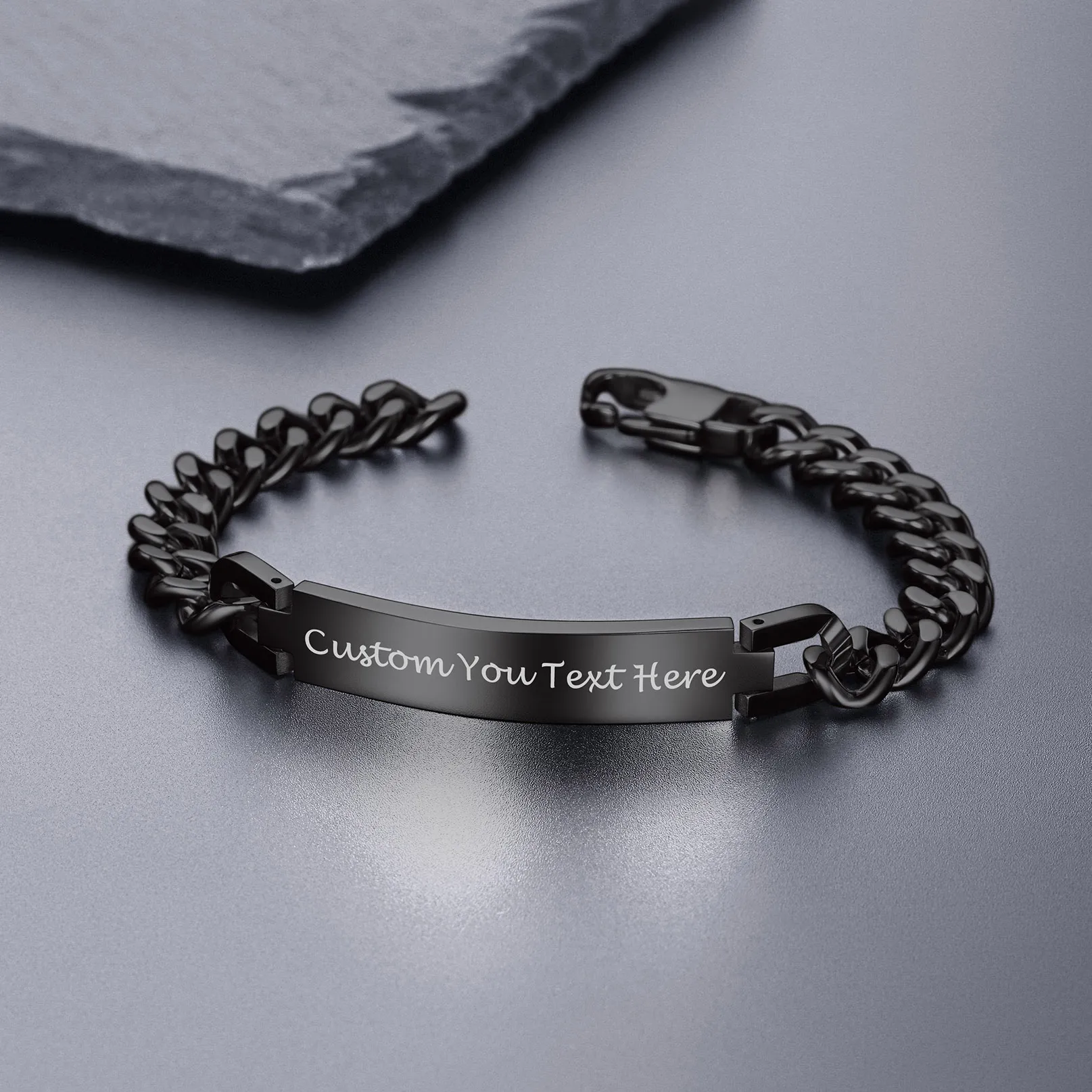 Bracelet Personnalisé en Acier Inoxydable Maille Cubaine Scène Noir
