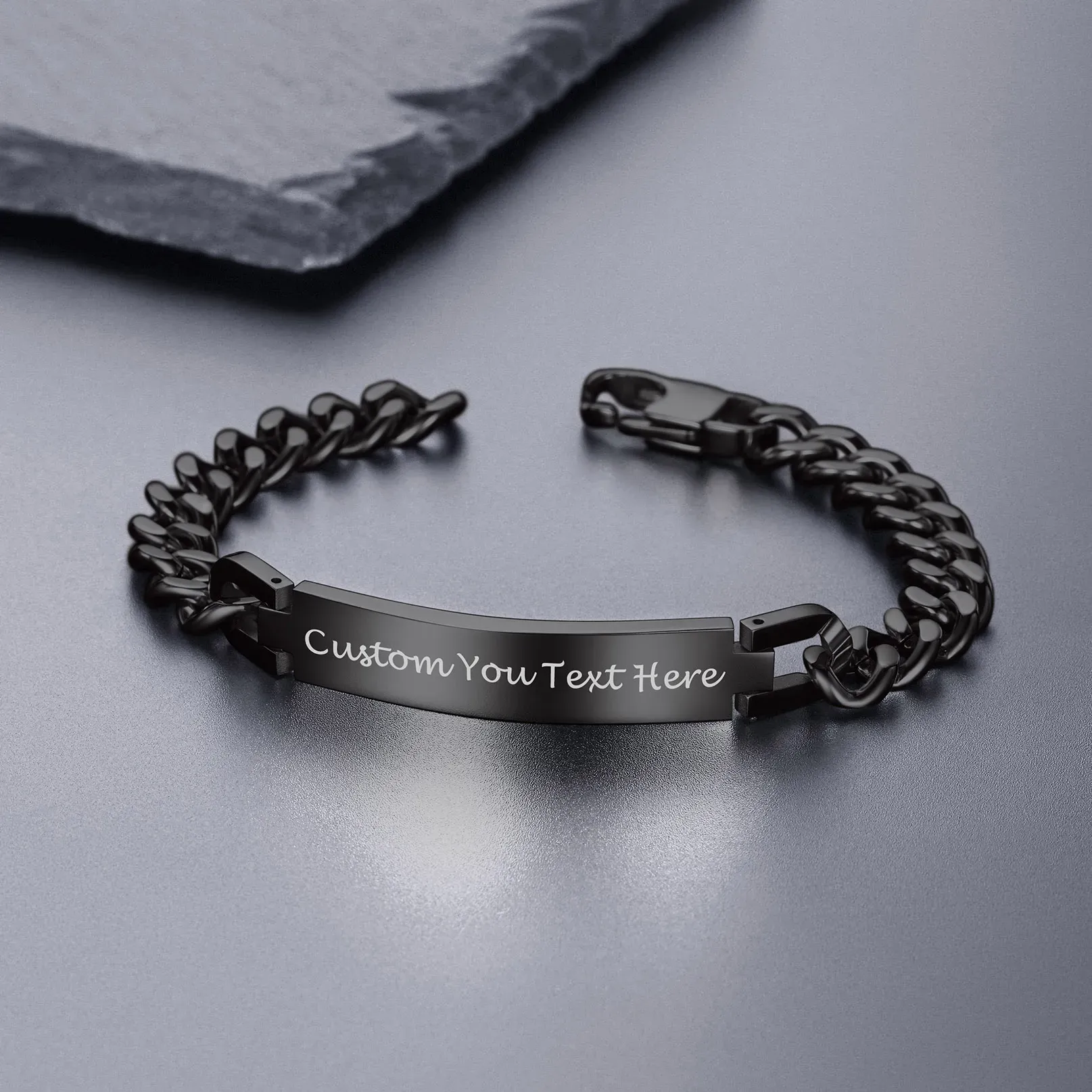 Bracelet Personnalisé en Acier Inoxydable Maille Cubaine Scène Noir
