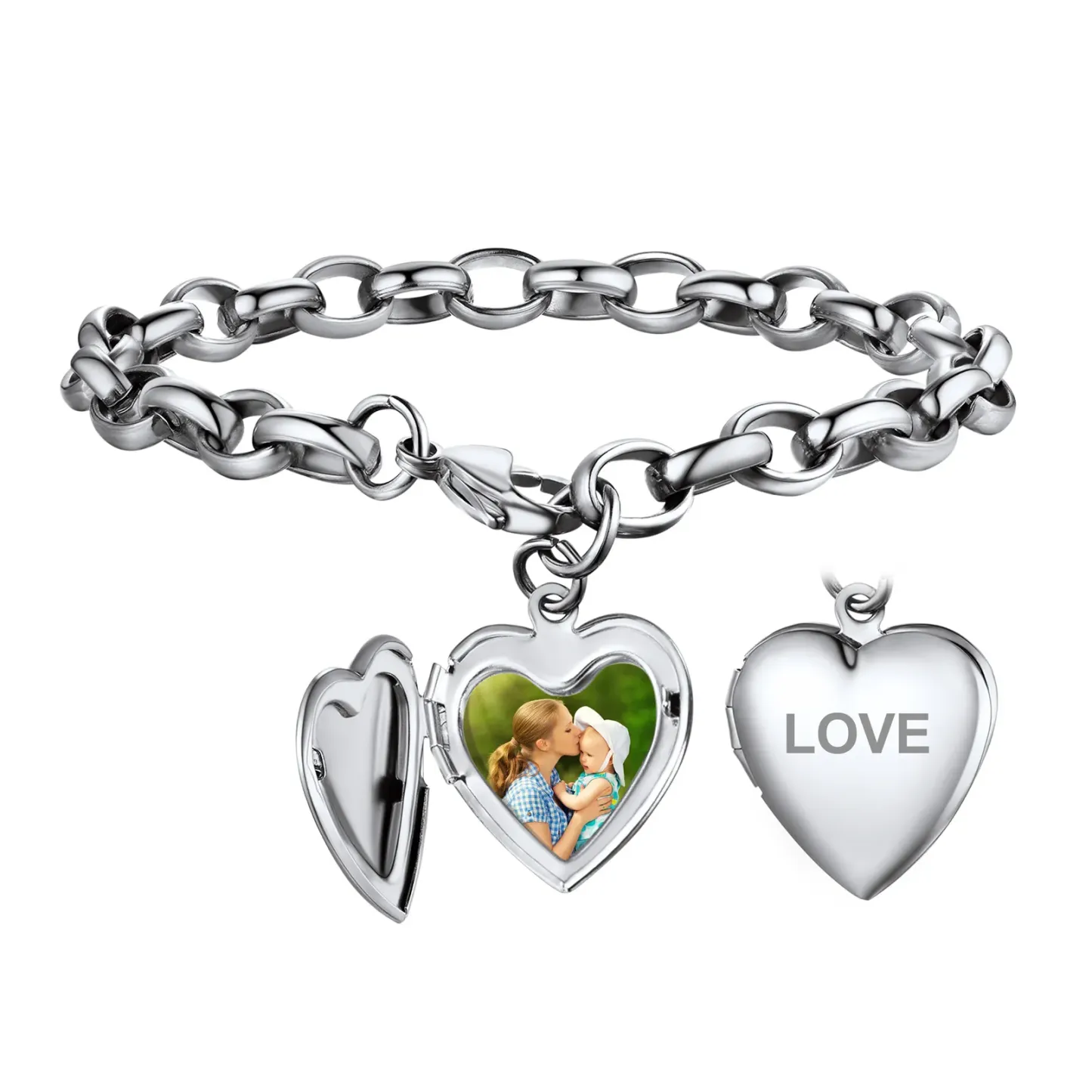  Bracelet Personnalisé avec Nom Gravé et Médaillon Photo Cœur Argenté