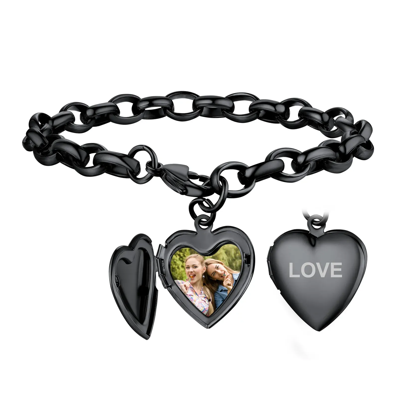  Bracelet Personnalisé avec Nom Gravé et Médaillon Photo Cœur Noir