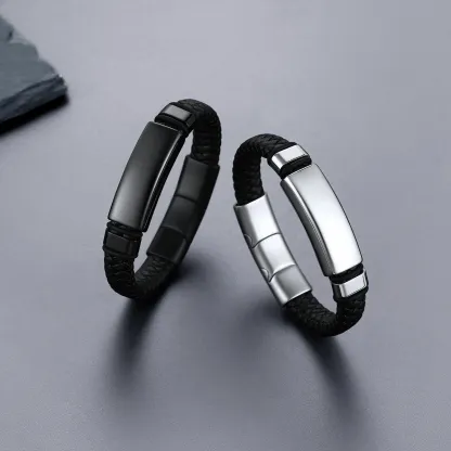 Bracelet en Cuir Tressé Personnalisé avec Plaque d'Identification Gravée 