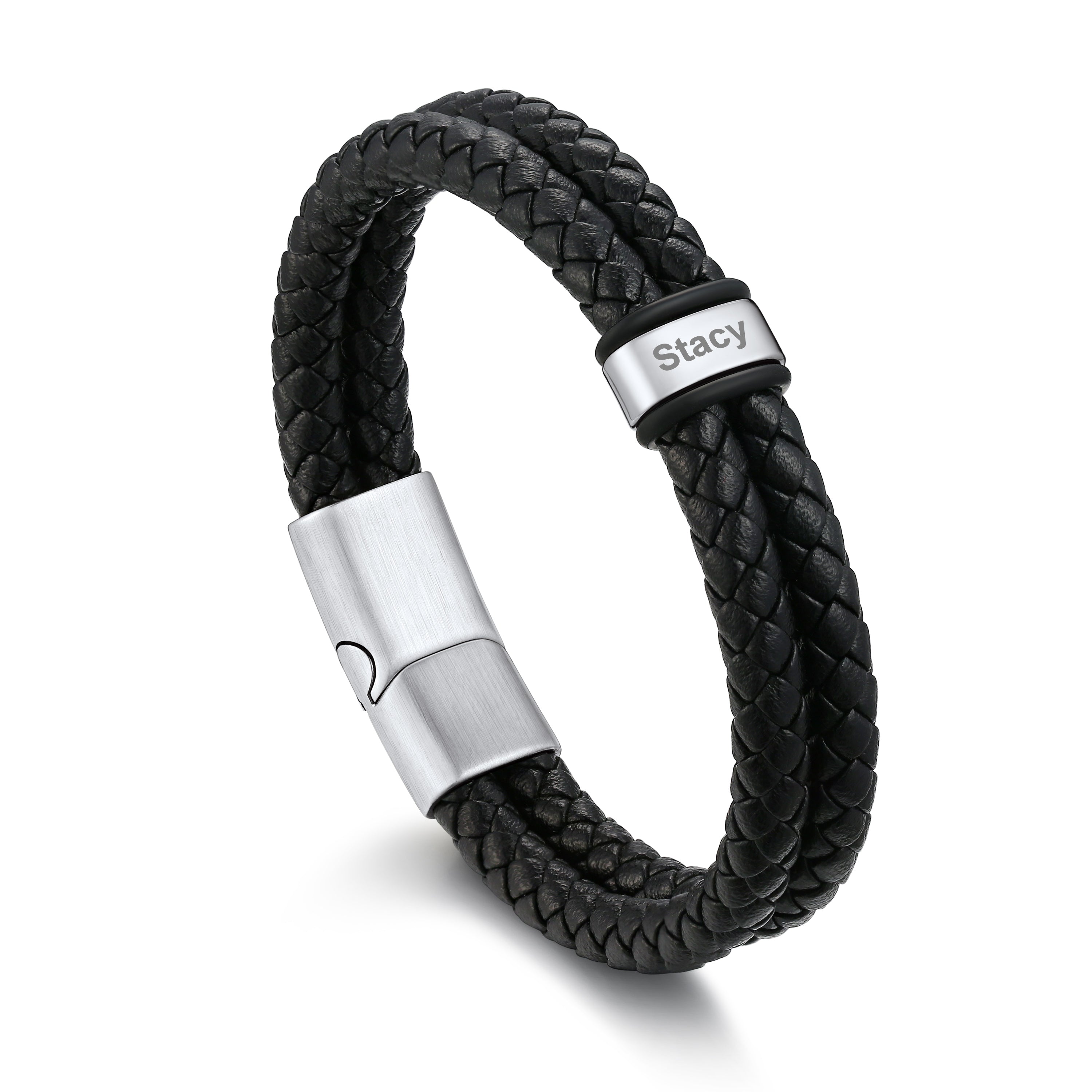 Bracelet en Cuir Tressé Personnalisé avec Prénom pour Homme Argenté