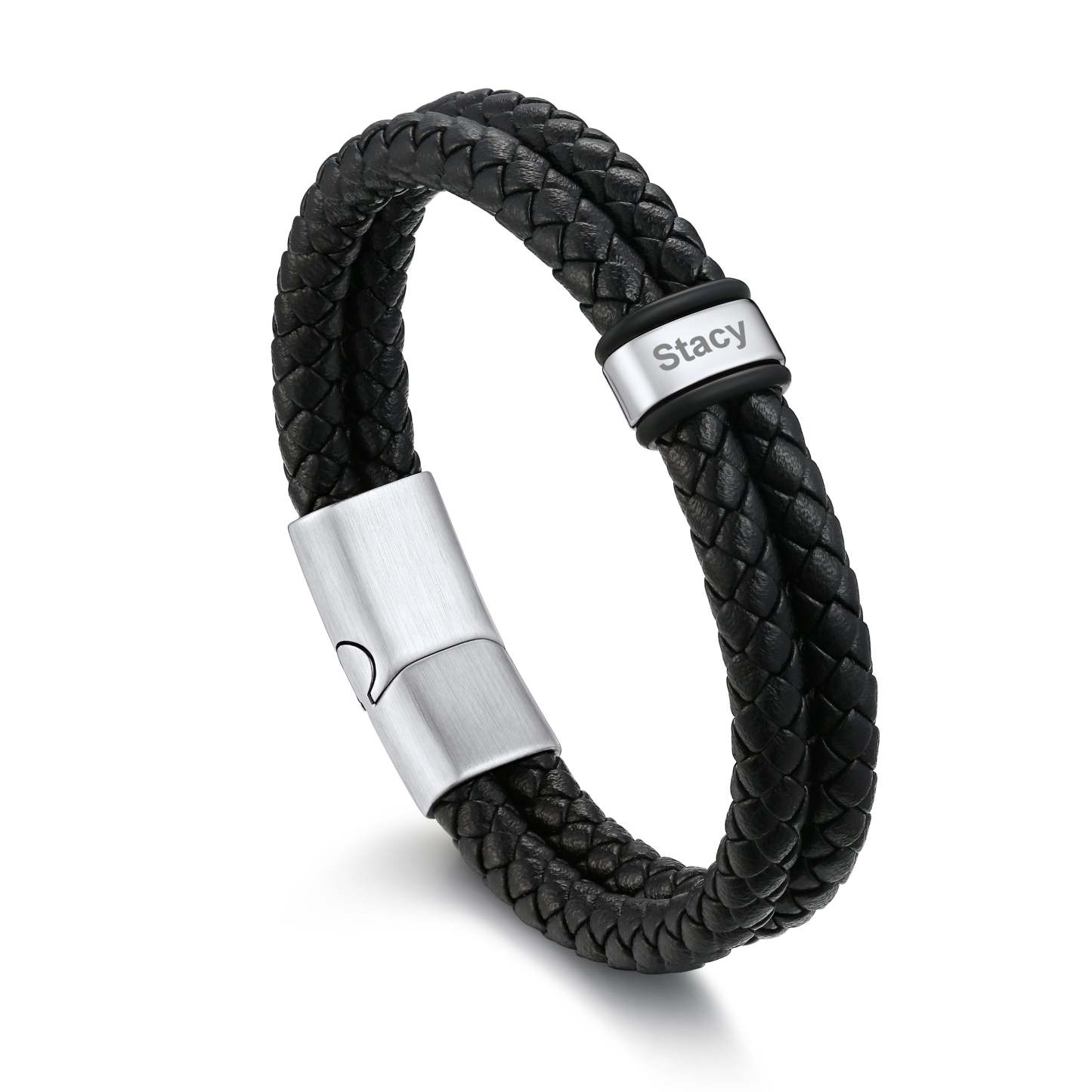 Bracelet en Cuir Tressé Personnalisé avec Prénom pour Homme Argenté