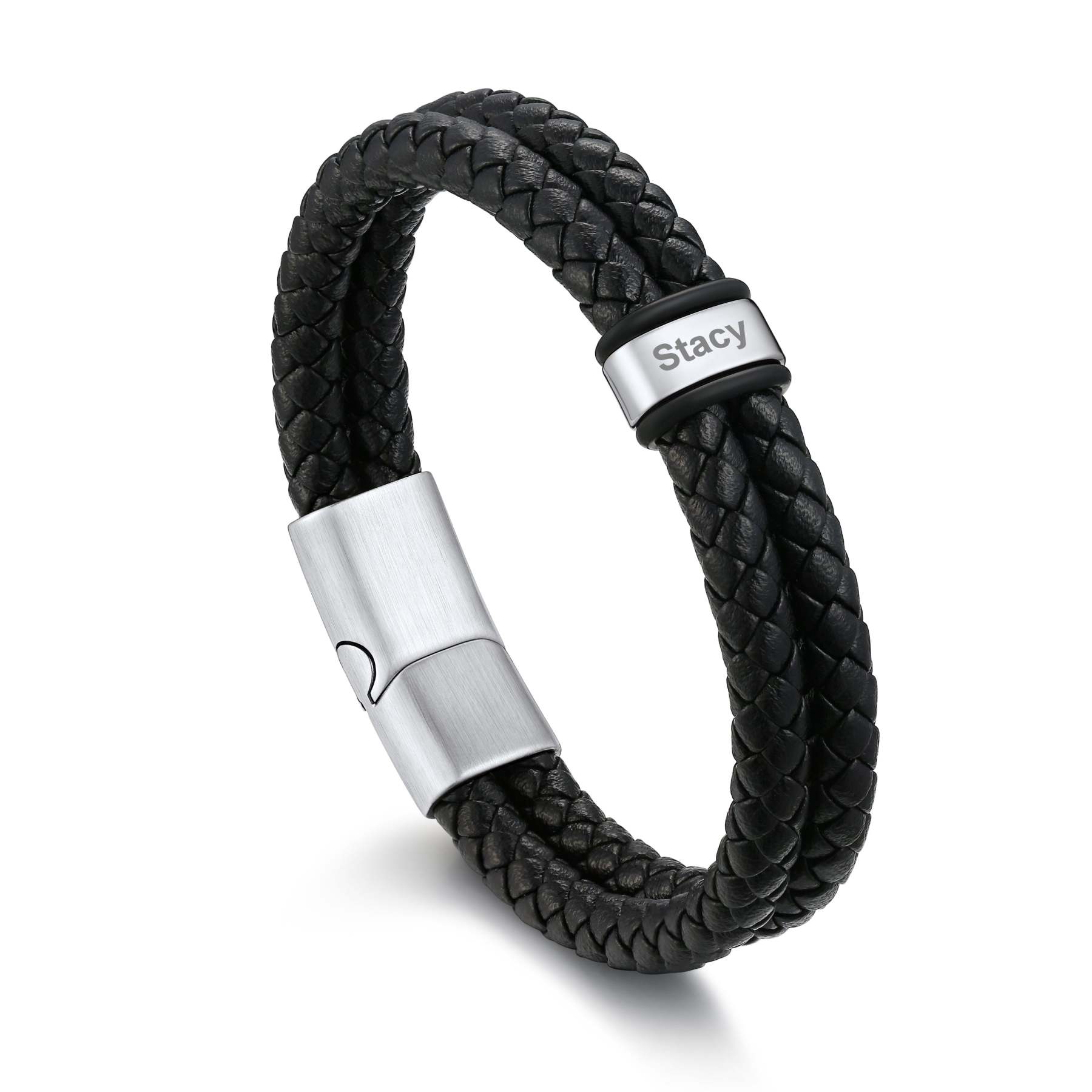 Bracelet en Cuir Tressé Personnalisé avec Prénom pour Homme Argenté