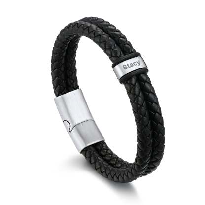 Bracelet en Cuir Tressé Personnalisé avec Prénom pour Homme Argenté