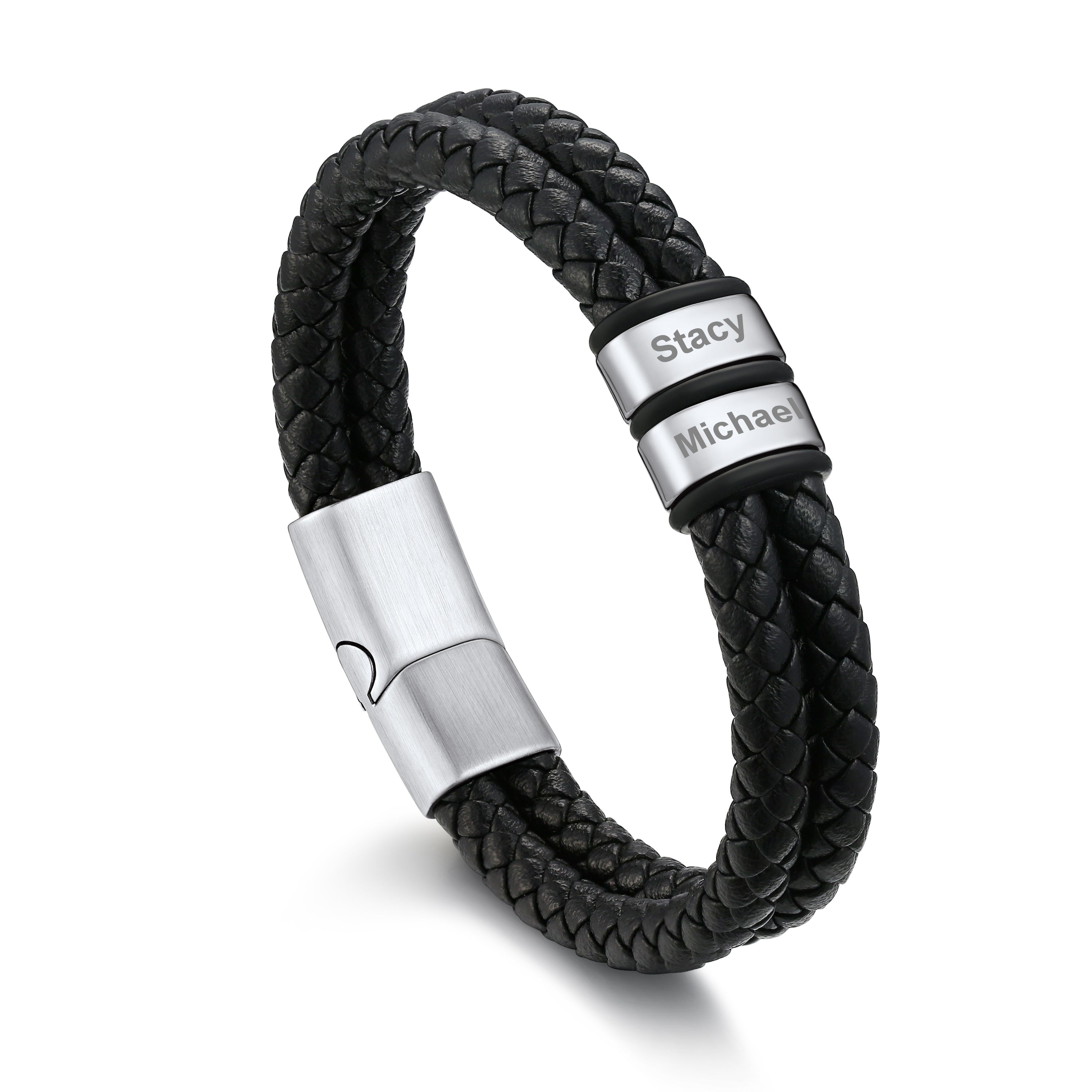 Bracelet en Cuir Tressé Personnalisé avec 2 Prénoms pour Homme Argenté