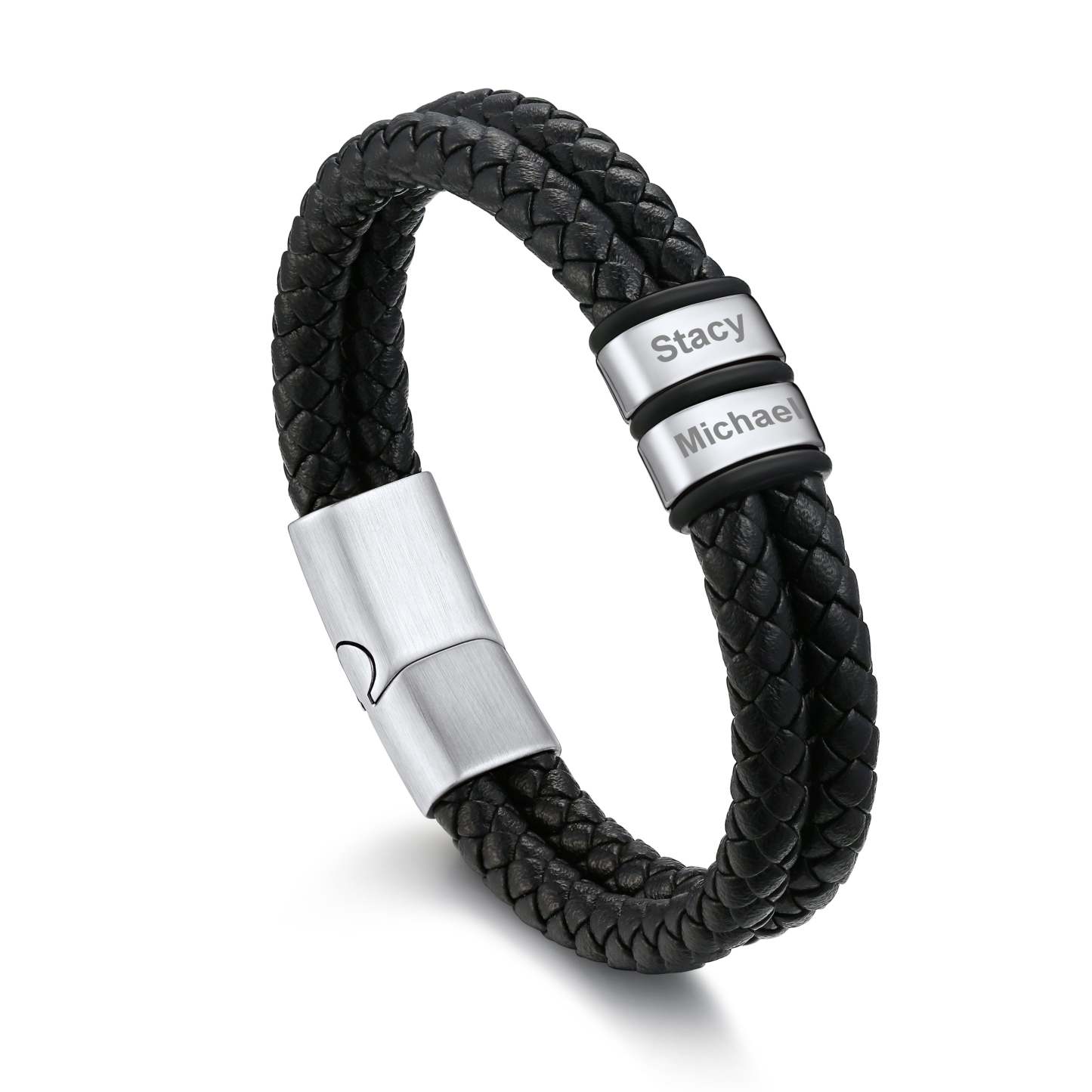 Bracelet en Cuir Tressé Personnalisé avec 2 Prénoms pour Homme Argenté