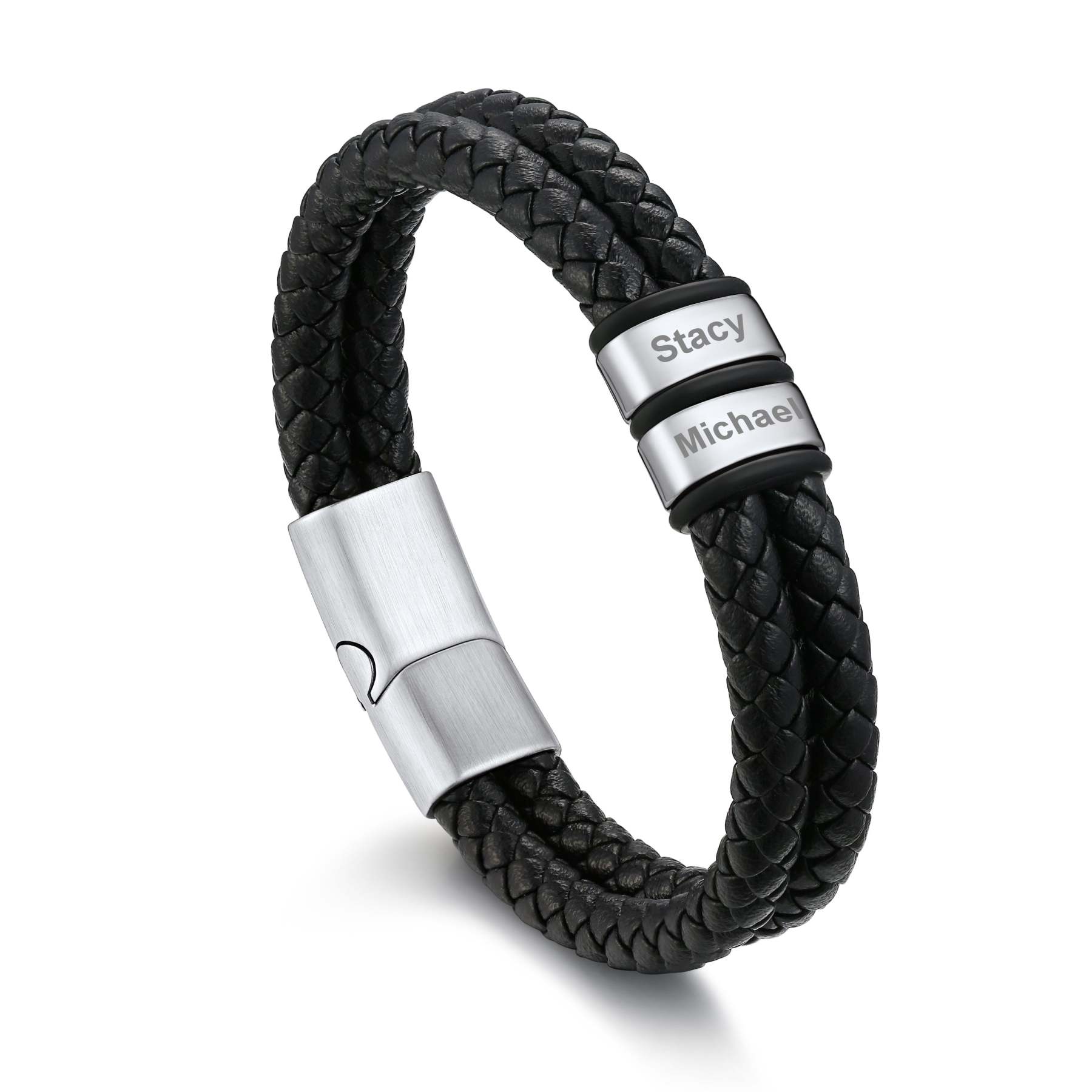 Bracelet en Cuir Tressé Personnalisé avec 2 Prénoms pour Homme Argenté