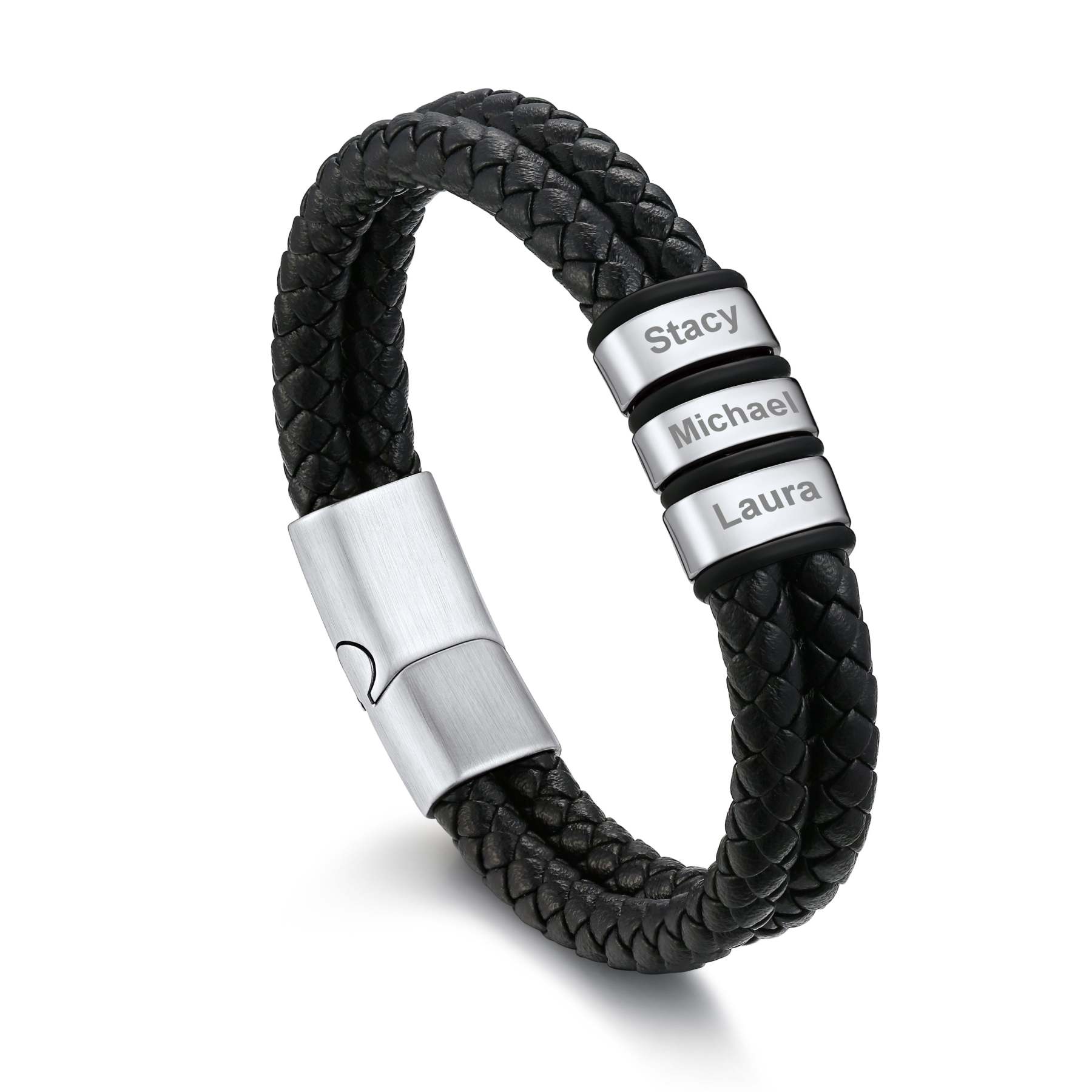 Bracelet en Cuir Tressé Personnalisé avec 3 Prénoms pour Homme Argenté