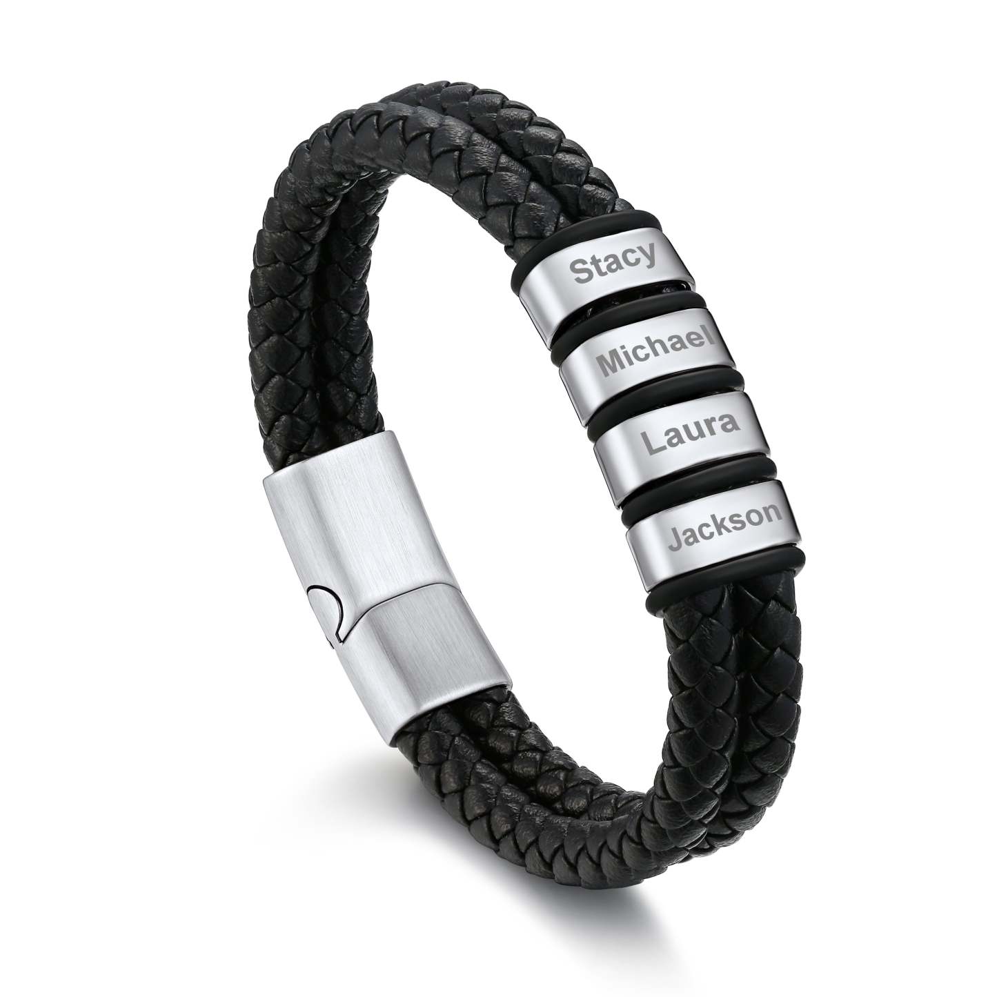 Bracelet en Cuir Tressé Personnalisé avec 4 Prénoms pour Homme Argenté