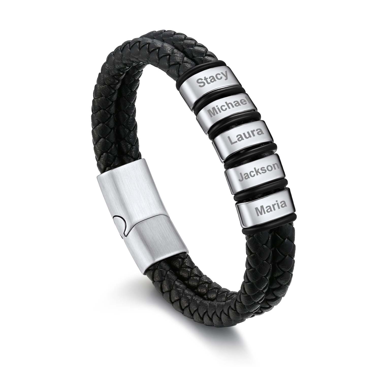 Bracelet en Cuir Tressé Personnalisé avec 5 Prénoms pour Homme Argenté