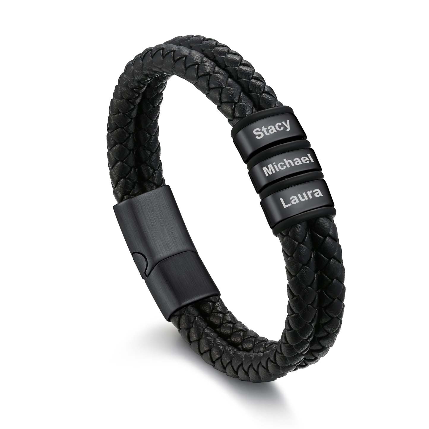 Bracelet en Cuir Tressé Personnalisé avec 3 Prénoms pour Homme