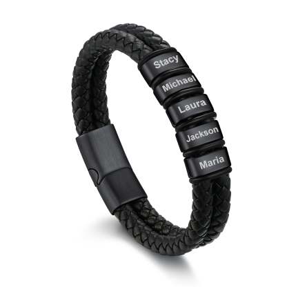 Bracelet en Cuir Tressé Personnalisé avec Perles Gravées