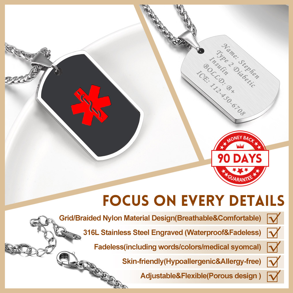 Collier d'Urgence Médical Personnalisé en Acier Inoxydable  Détail