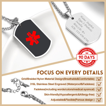 Collier d'Urgence Médical Personnalisé en Acier Inoxydable  Détail