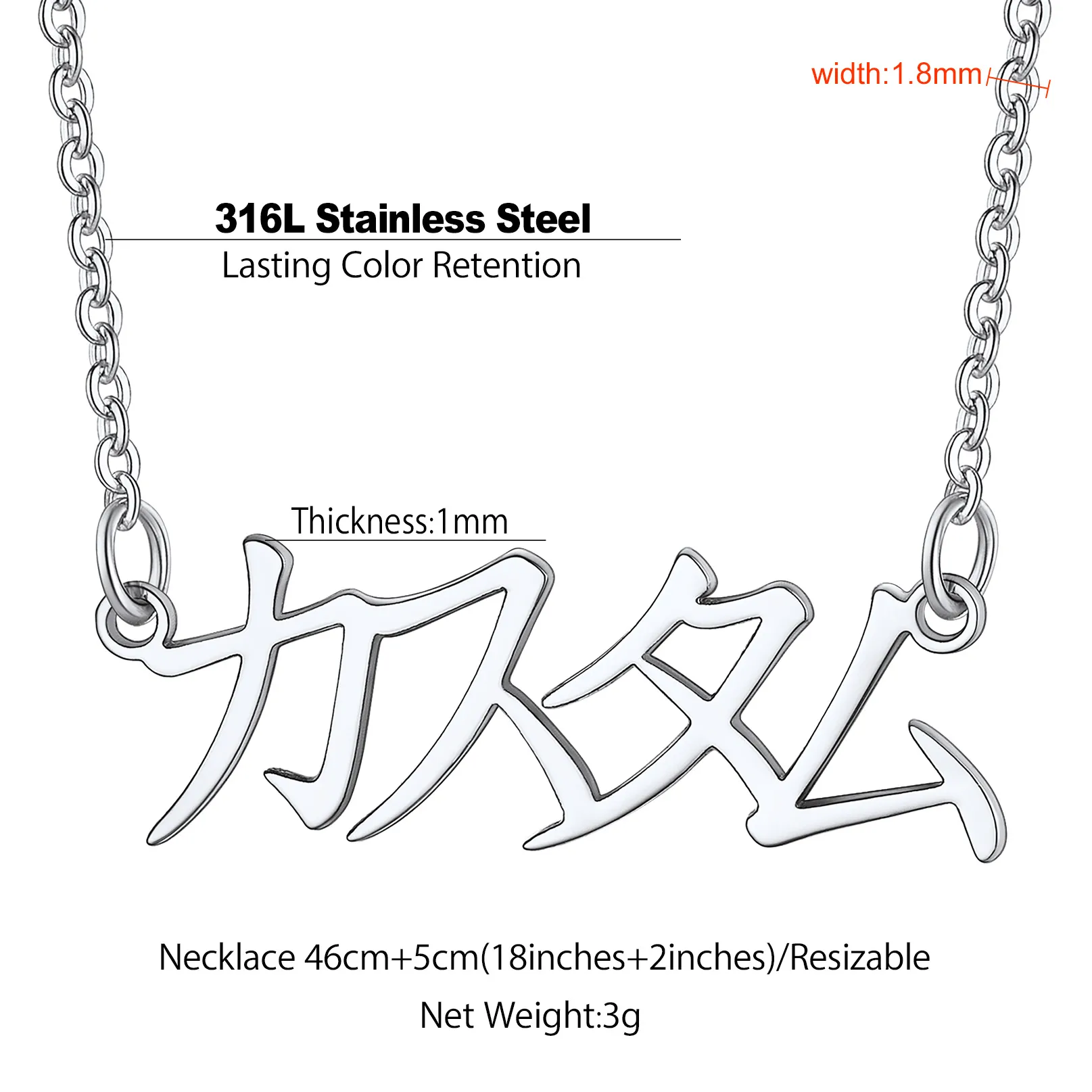 Collier Personnalisé avec Prénoms en Japonais pour Femme Taille