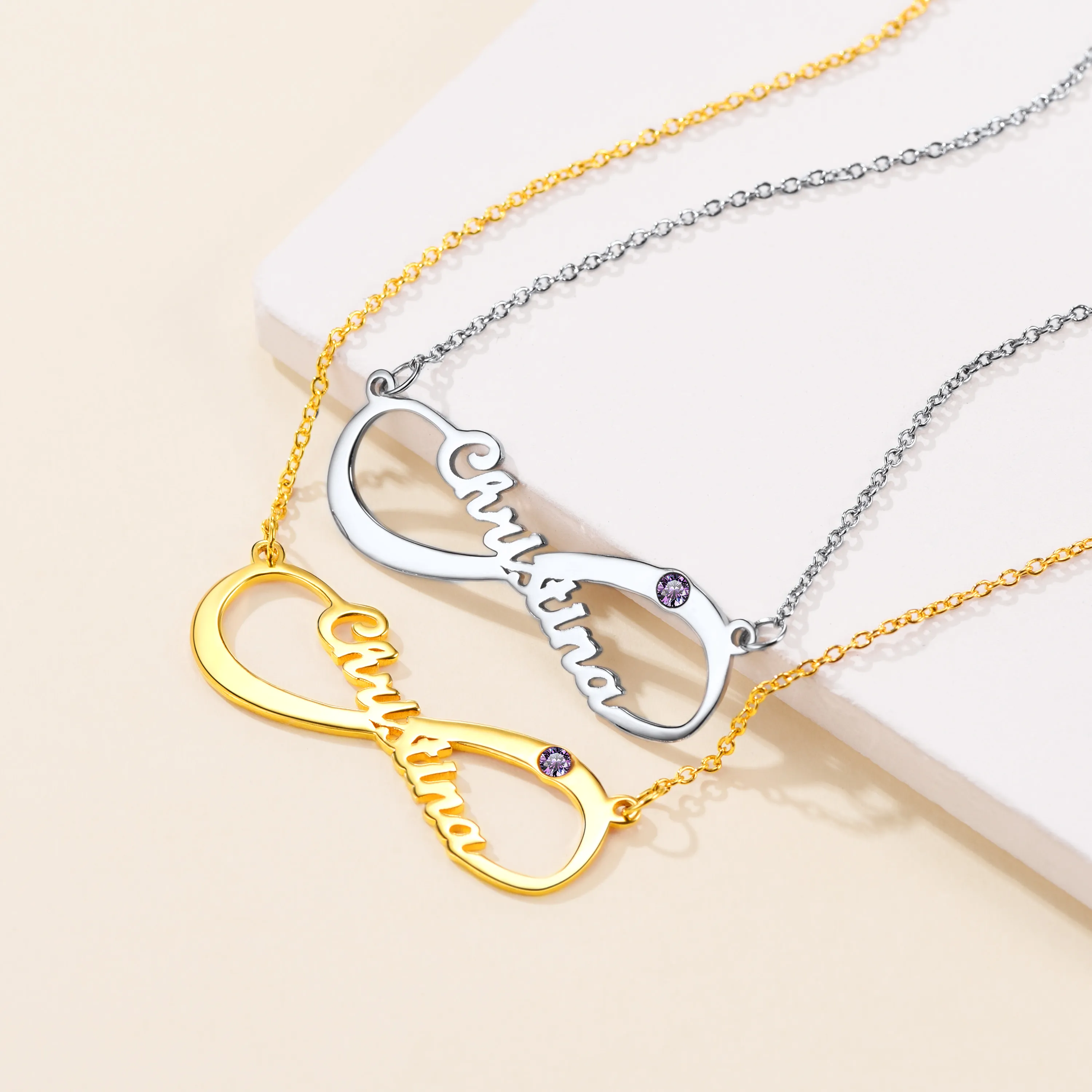 Collier Infini Personnalisé avec Prénom et Pierre de Naissance Collection