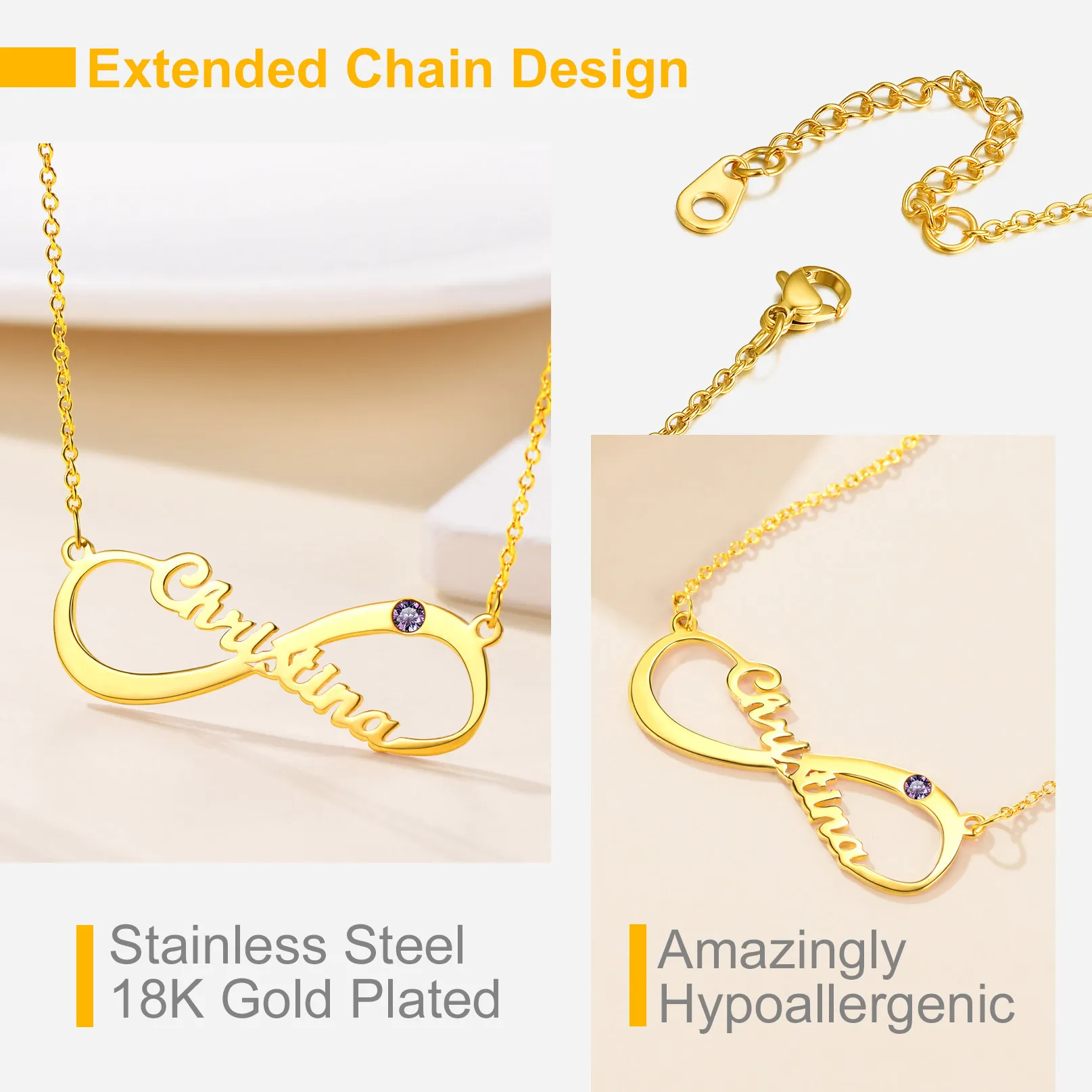 Collier Infini Personnalisé avec Prénom et Pierre de Naissance Détail